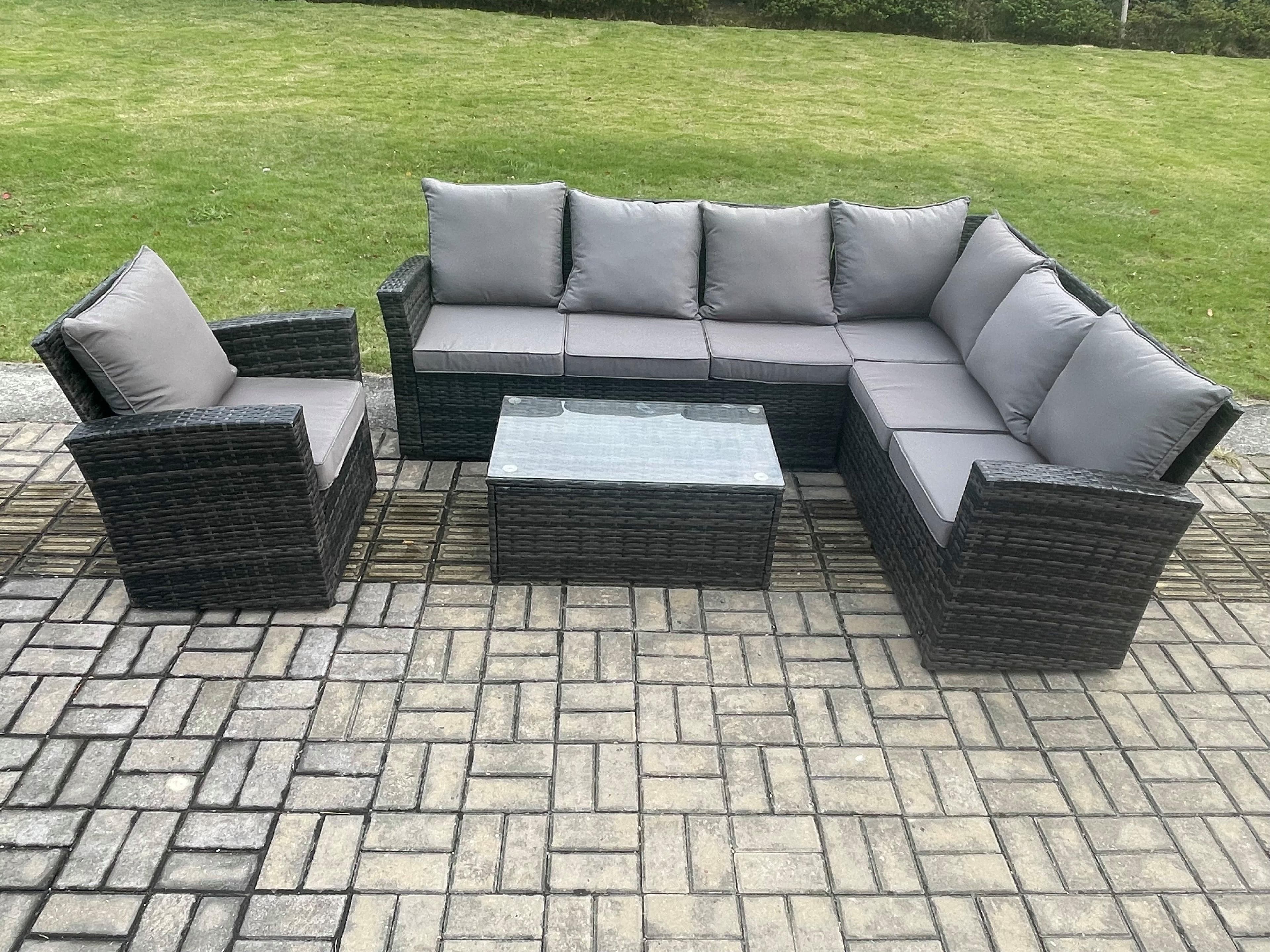 Rattan Garden Furniture Corner Sofa Set 4 Pieces Outdoor Patio Sofa Chair Table Set Rectangular Coffee Table Dark Grey Mixed
