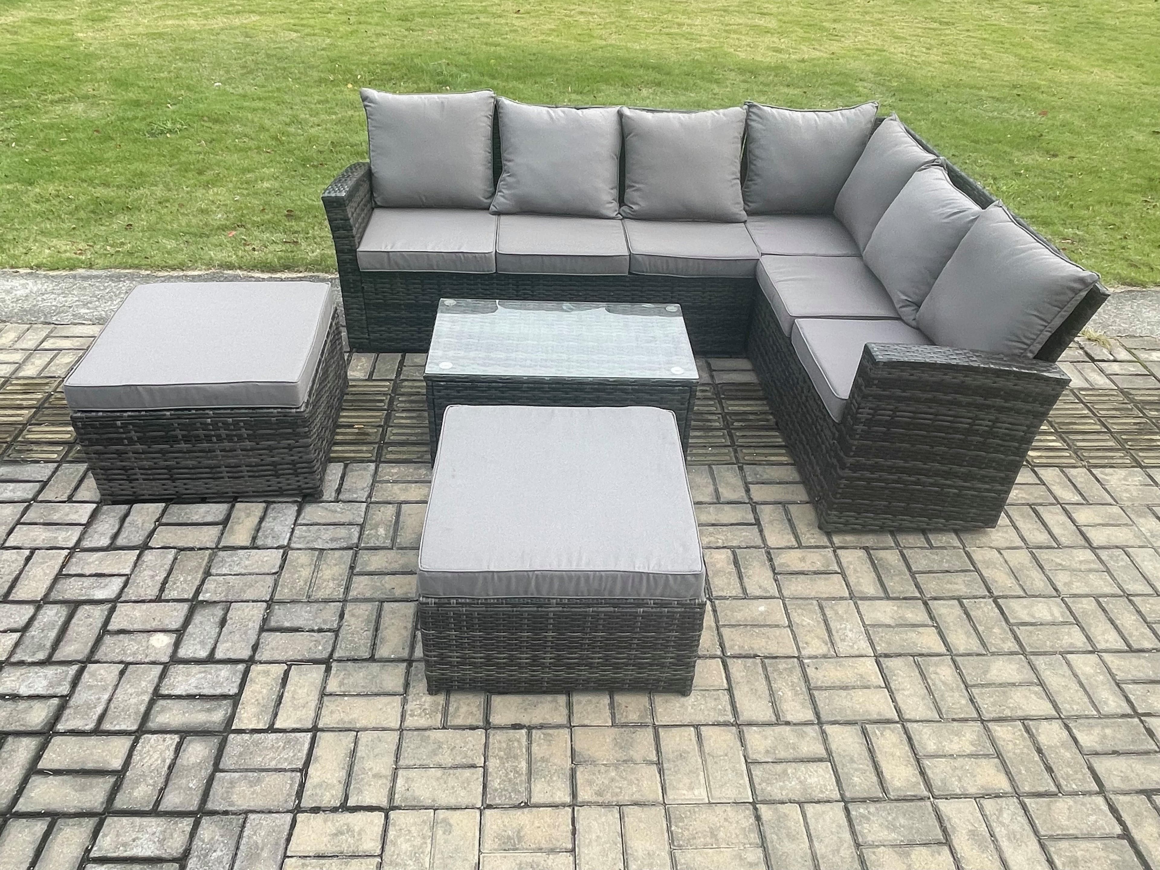 Wicker PE Outdoor Garden Furniture Set High Back Rattan Corner Sofa Set Rectangular Coffee Table 2 Big Footstool