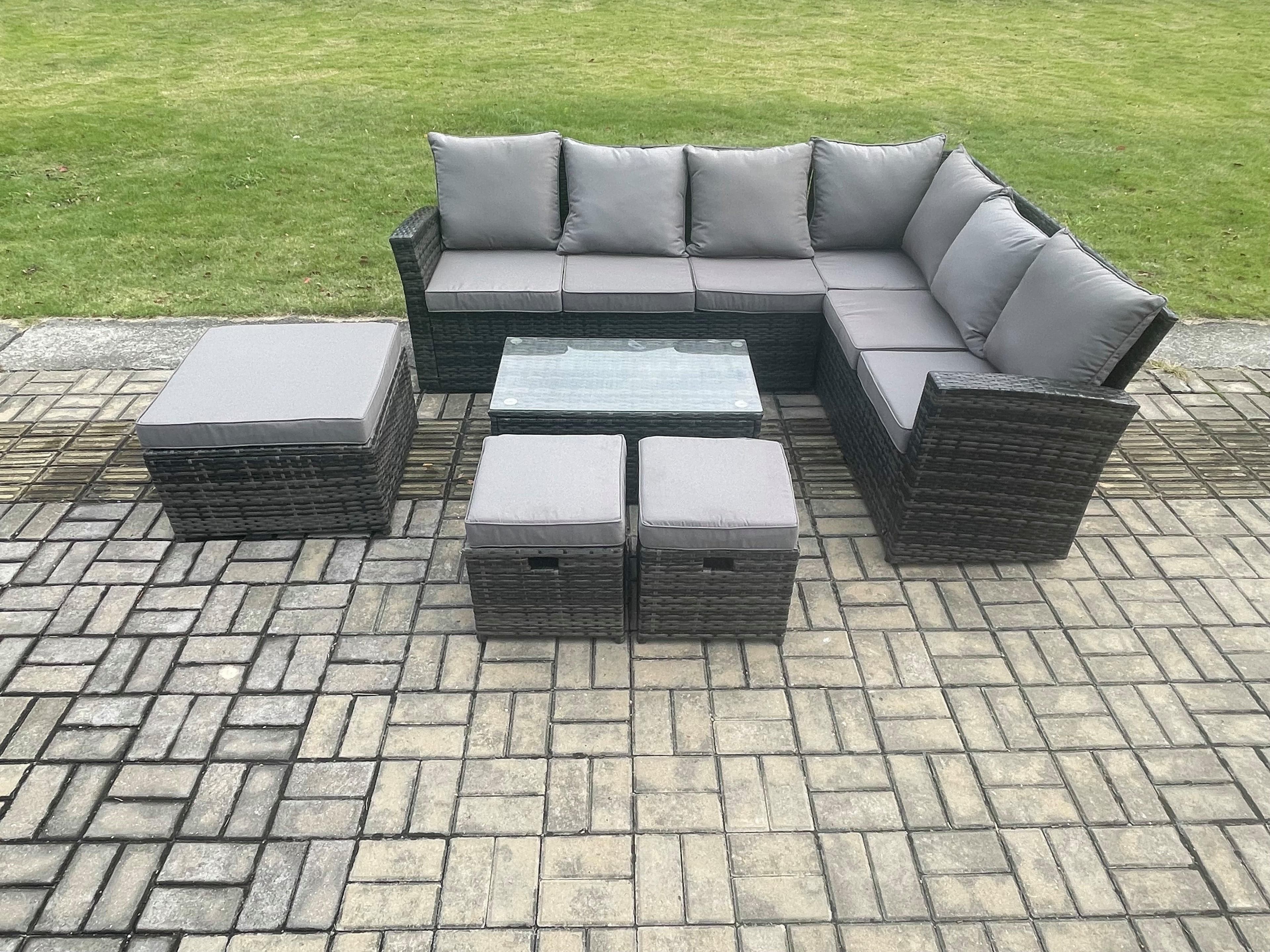 Wicker PE Outdoor Garden Furniture Set High Back Rattan Corner Sofa Set Rectangular Coffee Table 3 Footstools