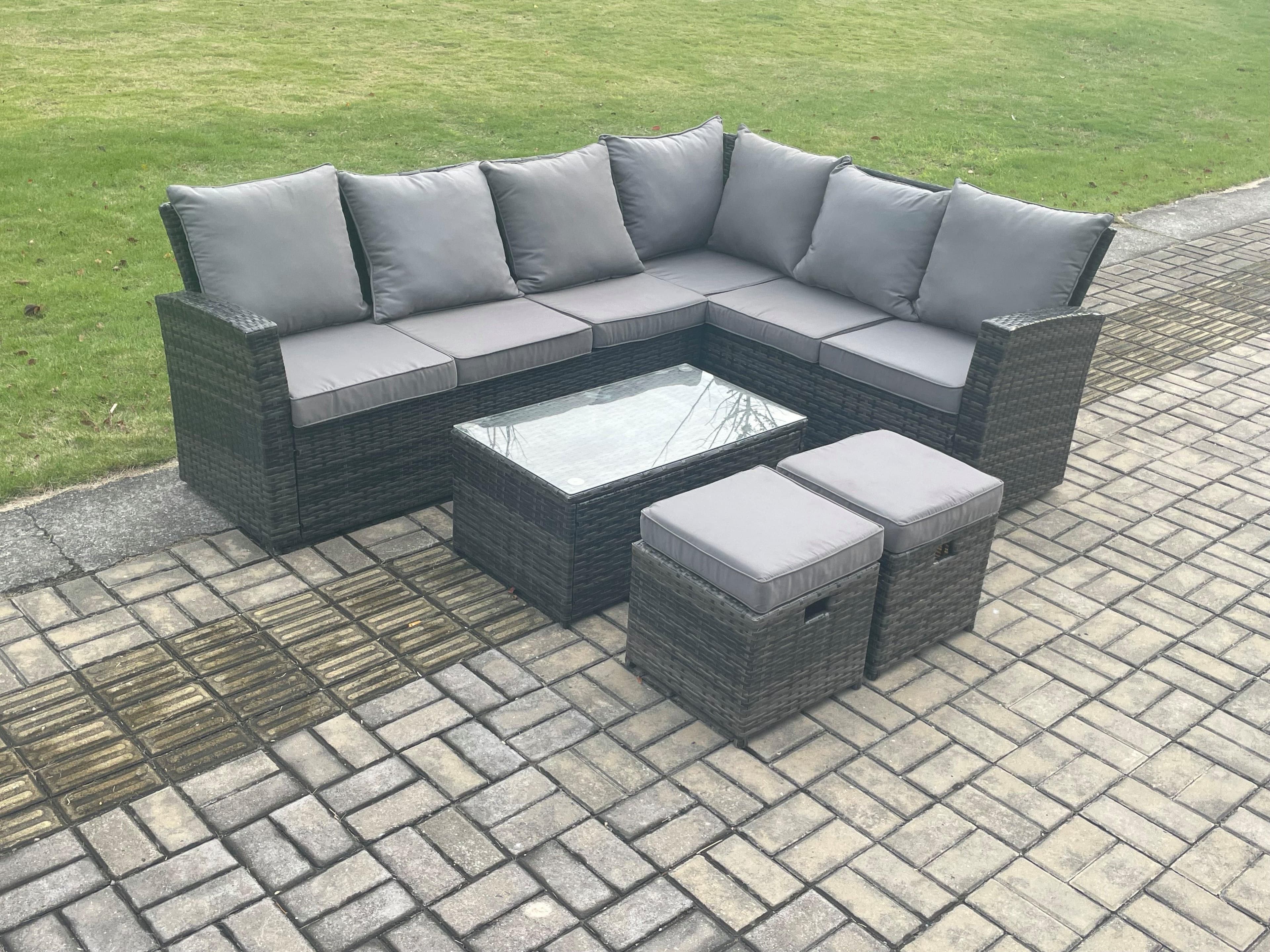 Wicker PE Outdoor Garden Furniture Set High Back Rattan Corner Sofa Set Rectangular Coffee Table 2 Small Footstools