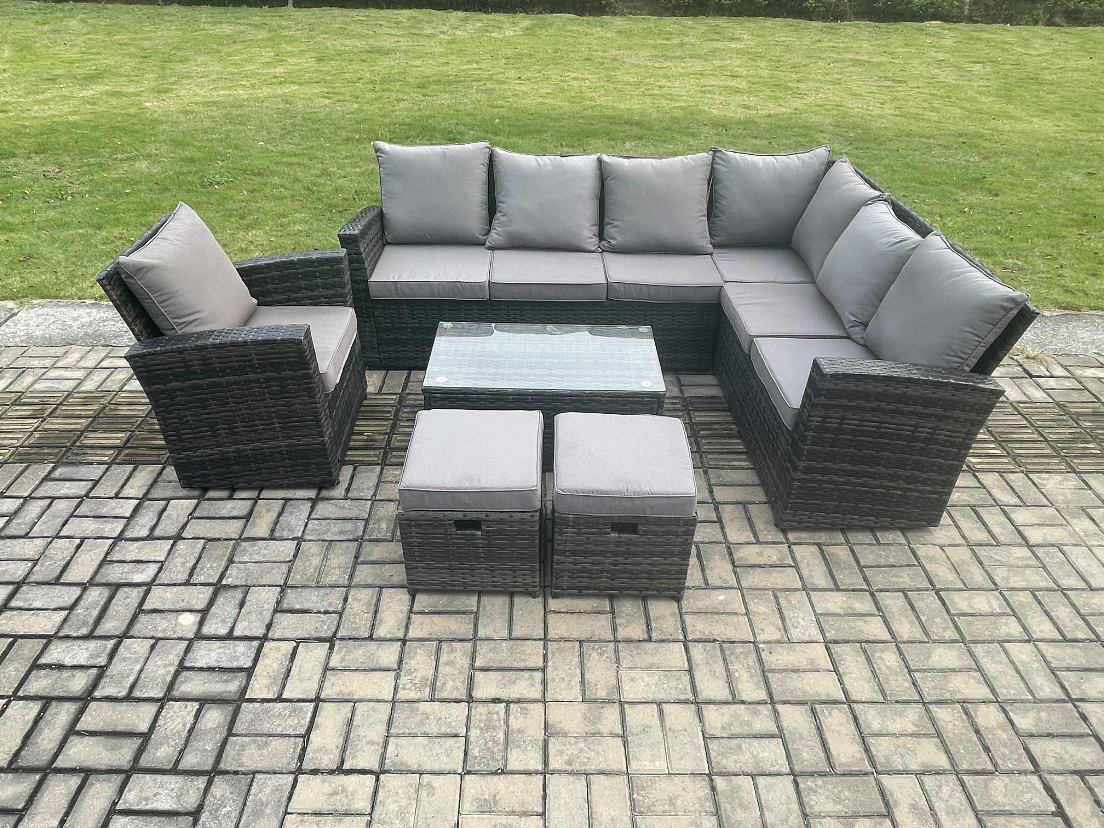 Wicker PE Outdoor Garden Furniture Set High Back Rattan Corner Sofa Set Arm Chair Rectangular Coffee Table 2 Small Footstools