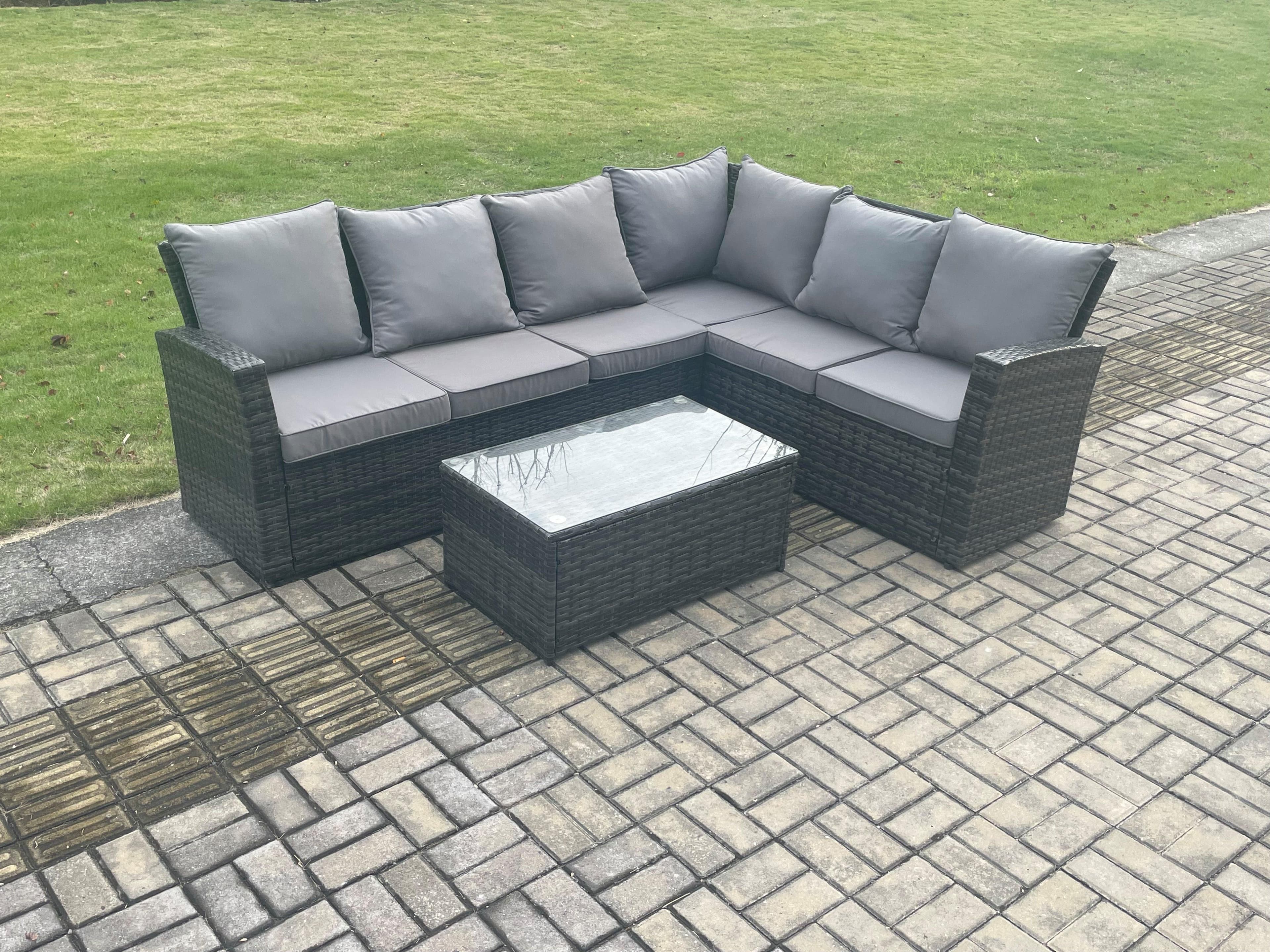 Wicker PE Outdoor Garden Furniture Set High Back Rattan Corner Sofa Set Rectangular Coffee Table