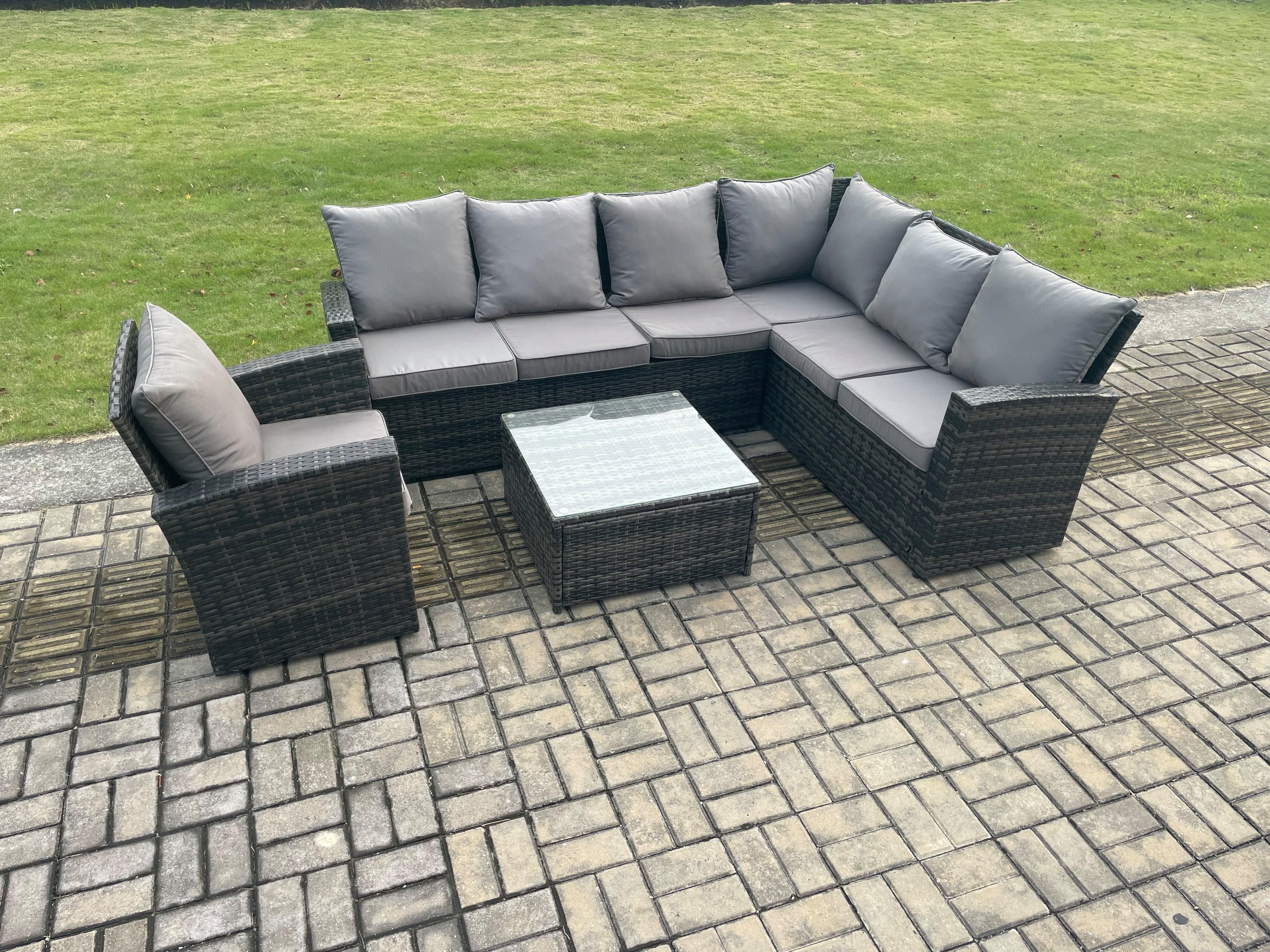 Wicker PE Outdoor Garden Furniture Set High Back Rattan Corner Sofa Set Armchair Square Coffee Table