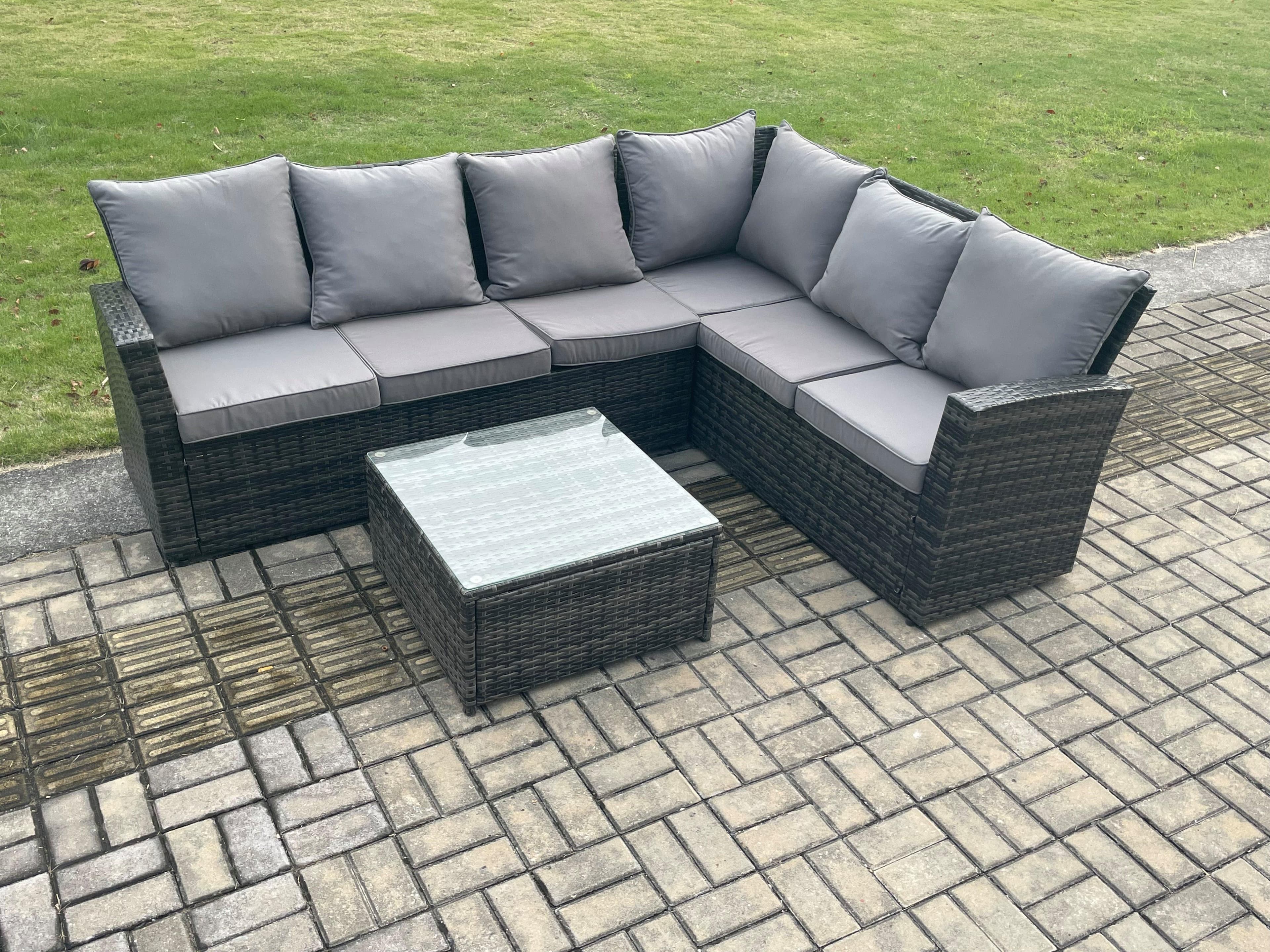 6 Seater Wicker PE Outdoor Garden Furniture Set High Back Rattan Corner Sofa Set Armchair Square Coffee Table