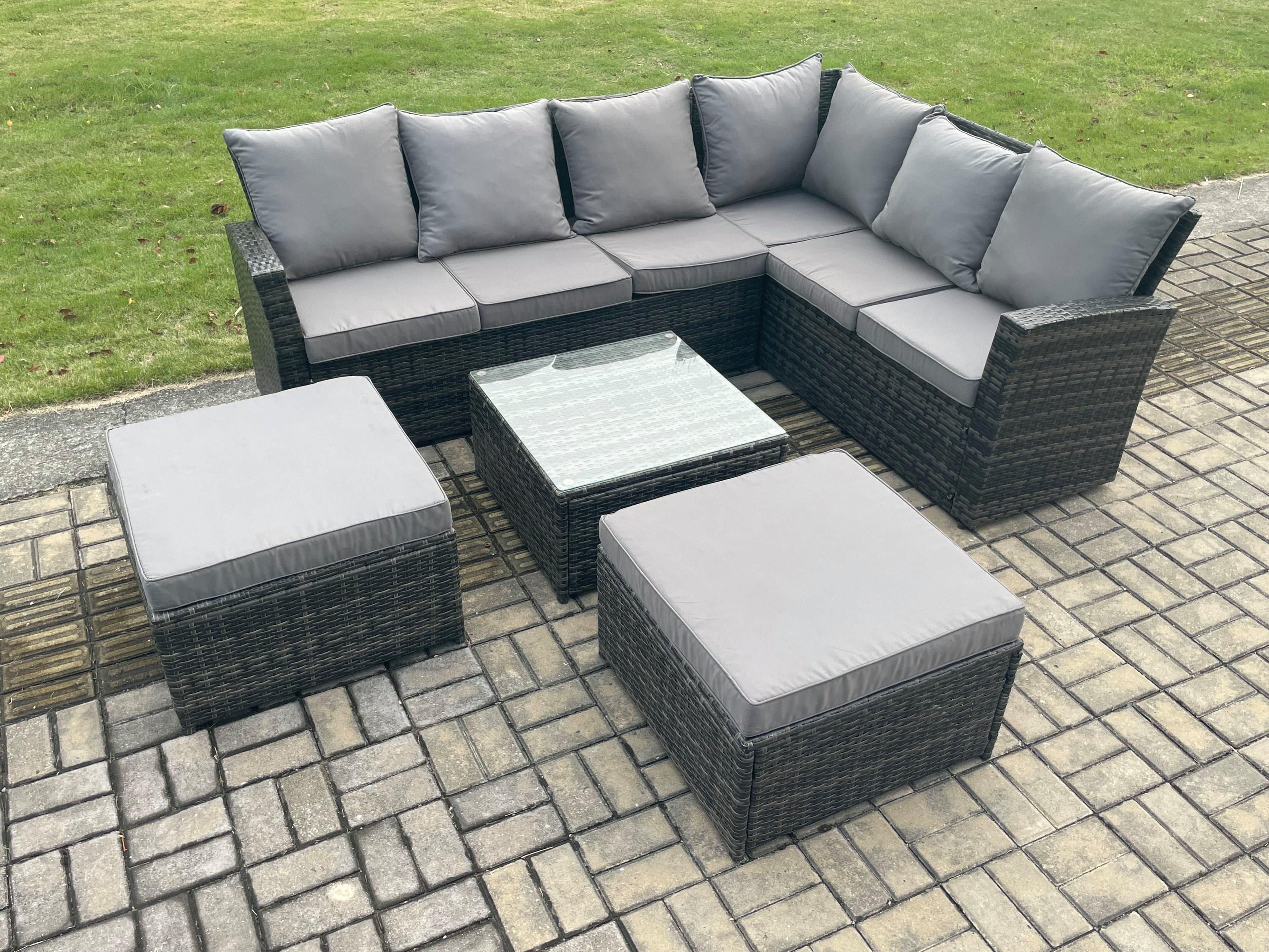 8 Seater Wicker PE Outdoor Garden Furniture Set High Back Rattan Corner Sofa Set 2 Big Footstool Square Coffee Table