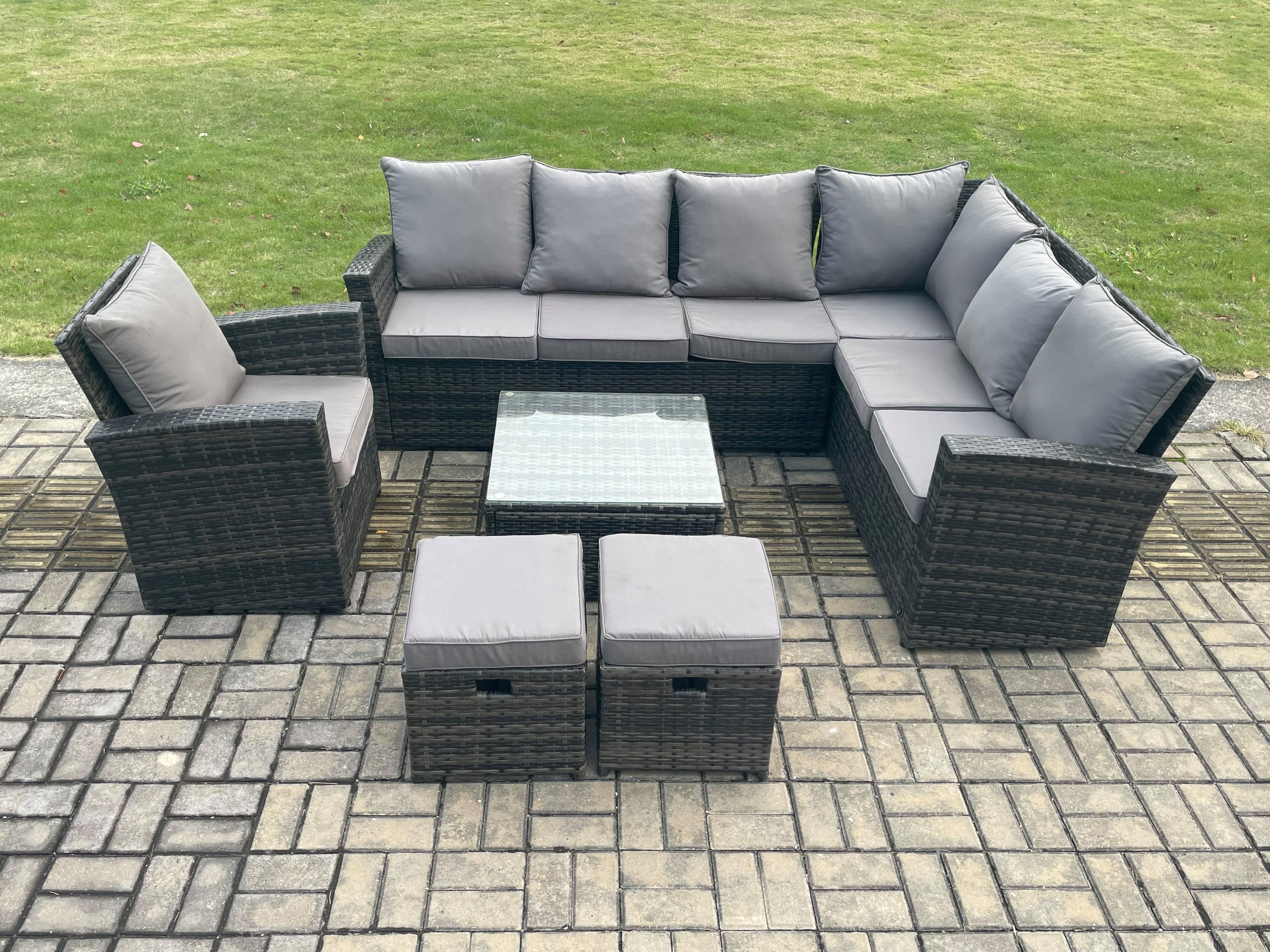 9 Seater Wicker PE Outdoor Garden Furniture Set High Back Rattan Corner Sofa Chair Set 2 Small Footstools Square Coffee Table