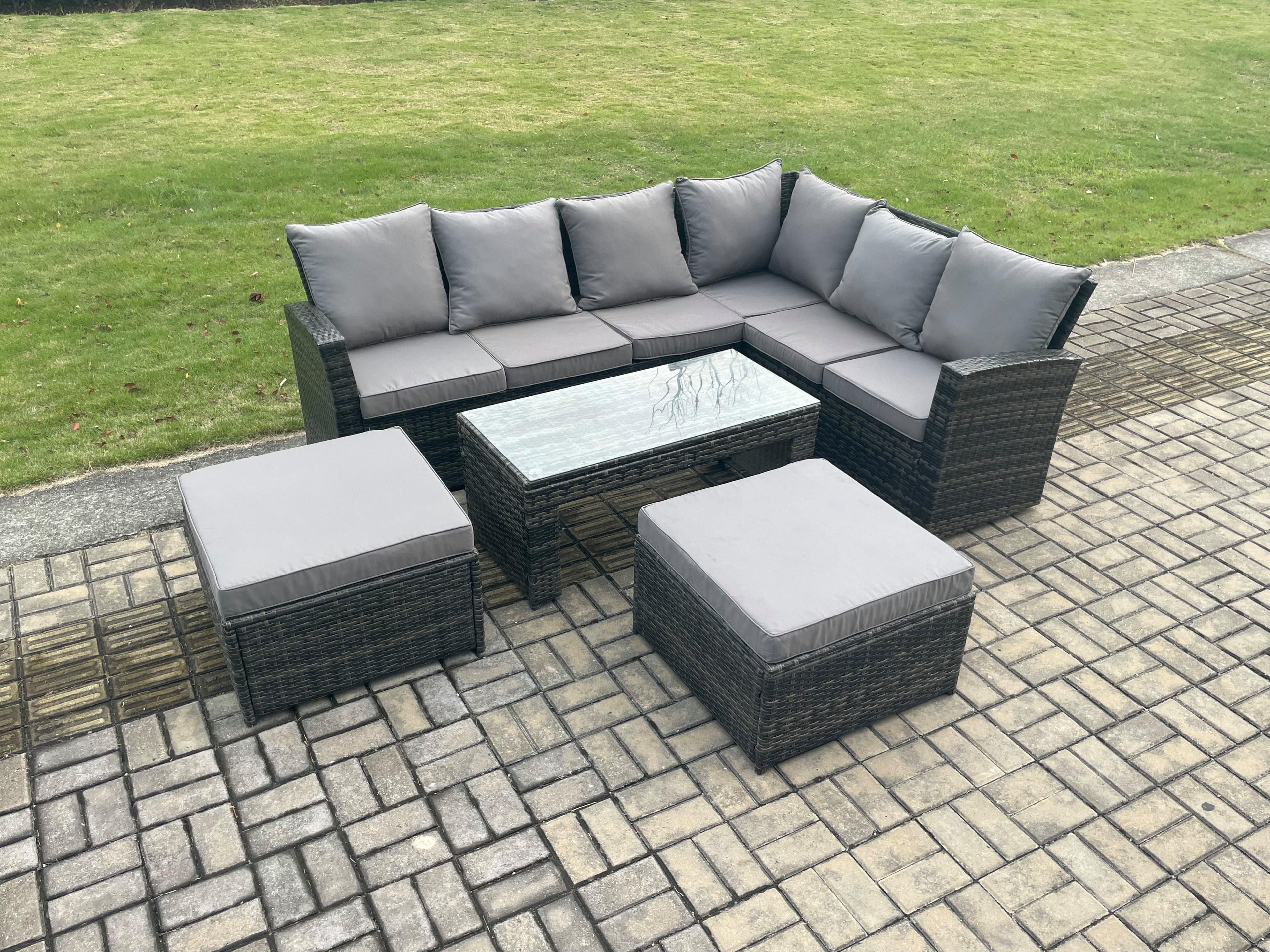 8 Seater Wicker PE Outdoor Garden Furniture Set High Back Rattan Corner Sofa Set 2 Big Footstool Rectangular Coffee Table