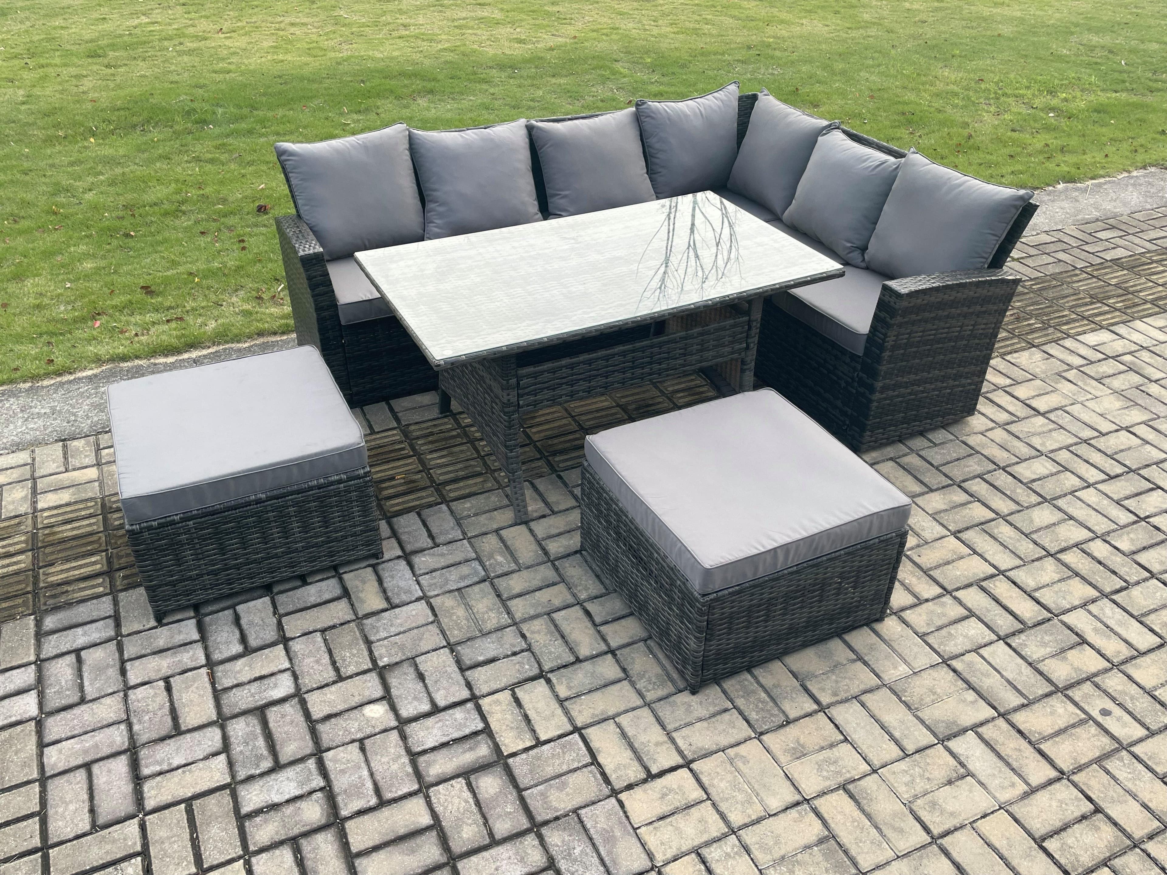8 Seater Outdoor Furniture Garden Dining Set Rattan Corner Sofa Set Rectangular Dining Table Big Footstool Dark Grey Mixed