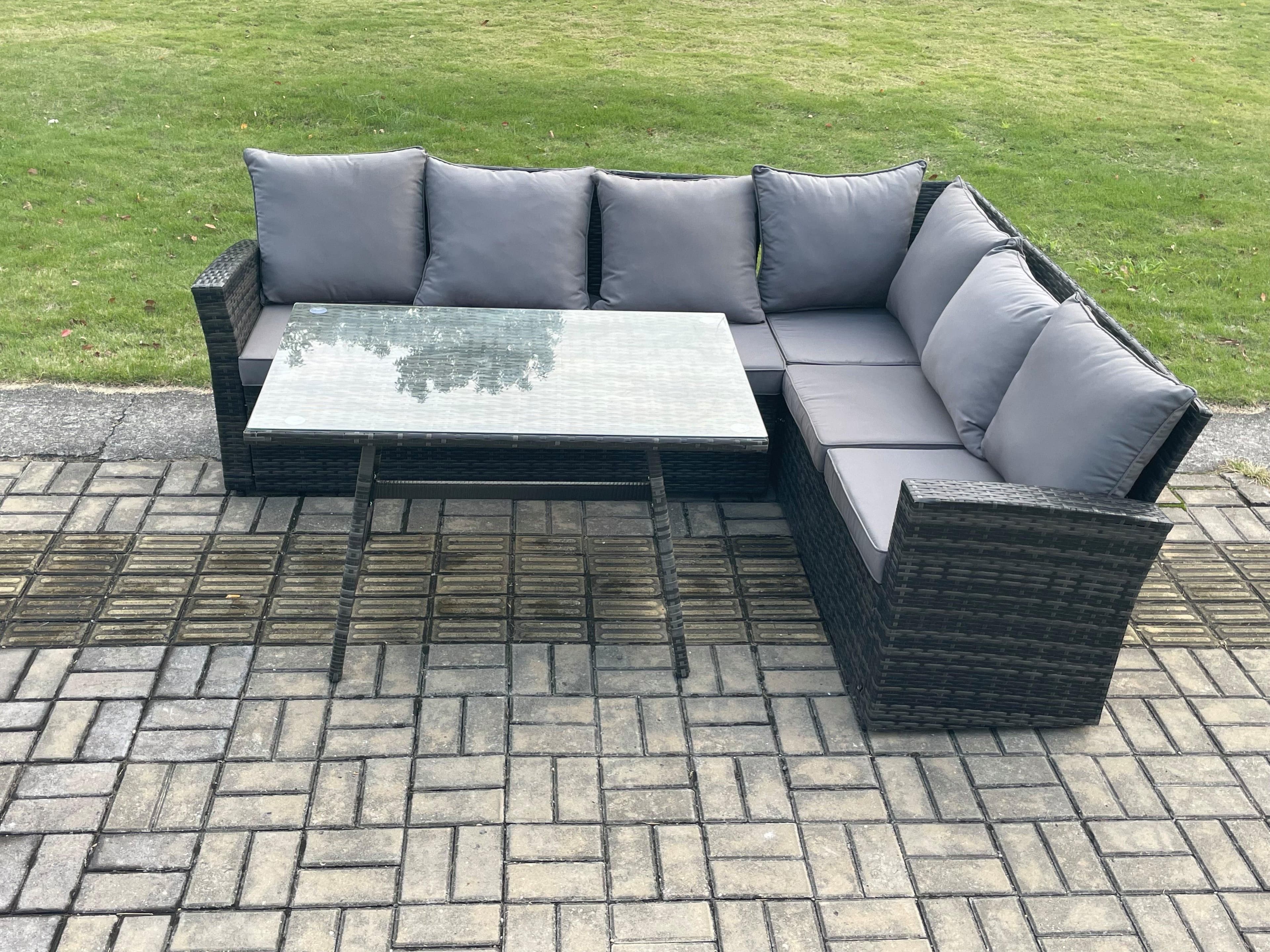 Outdoor Furniture Garden Dining Set Rattan Corner Sofa Set Rectangular Dining Table Temper Glass Dark Grey Mixed