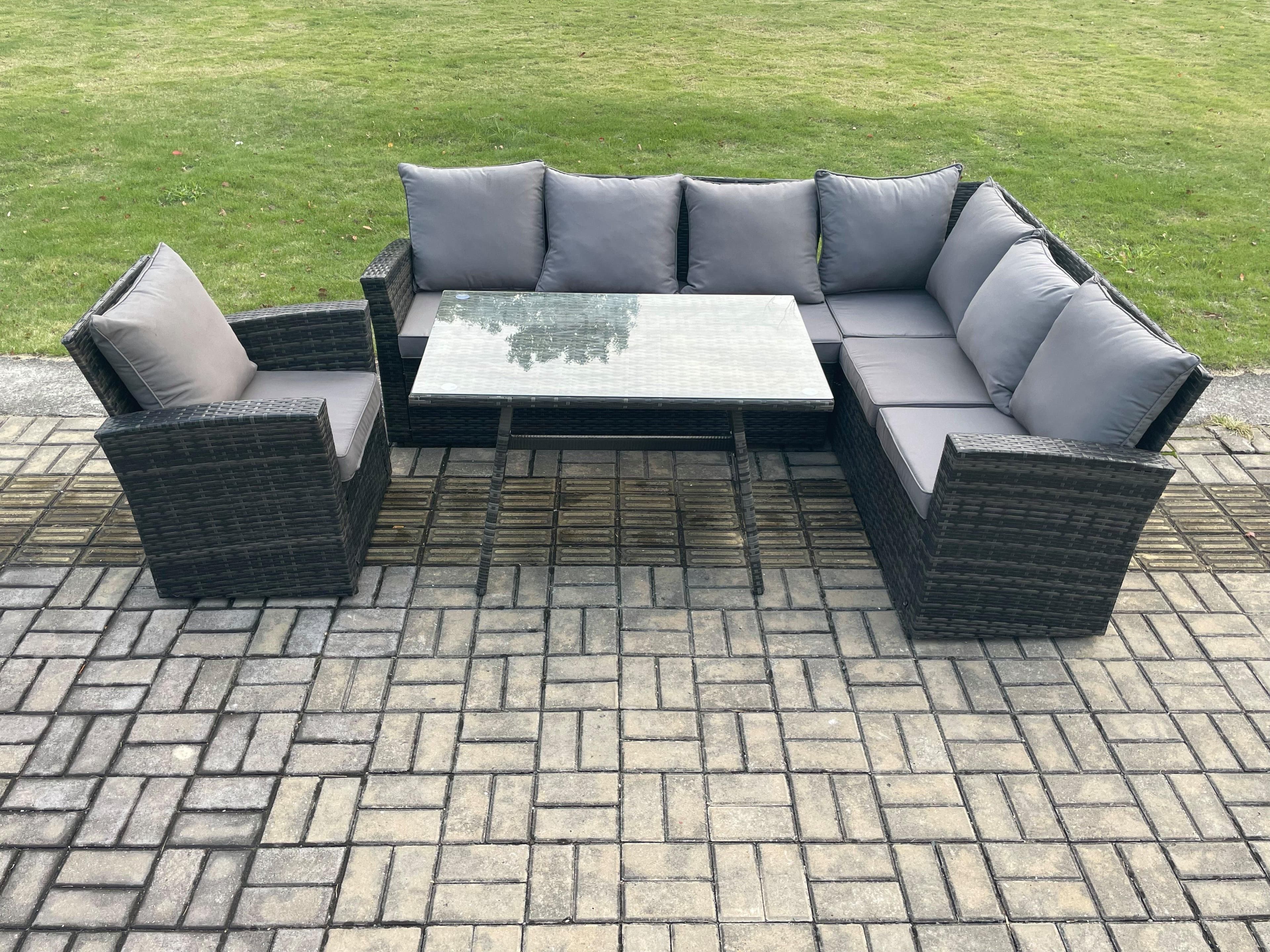 Outdoor Furniture Garden Dining Set Rattan Corner Sofa Chair Set Rectangular Dining Table Temper Glass Dark Grey Mixed