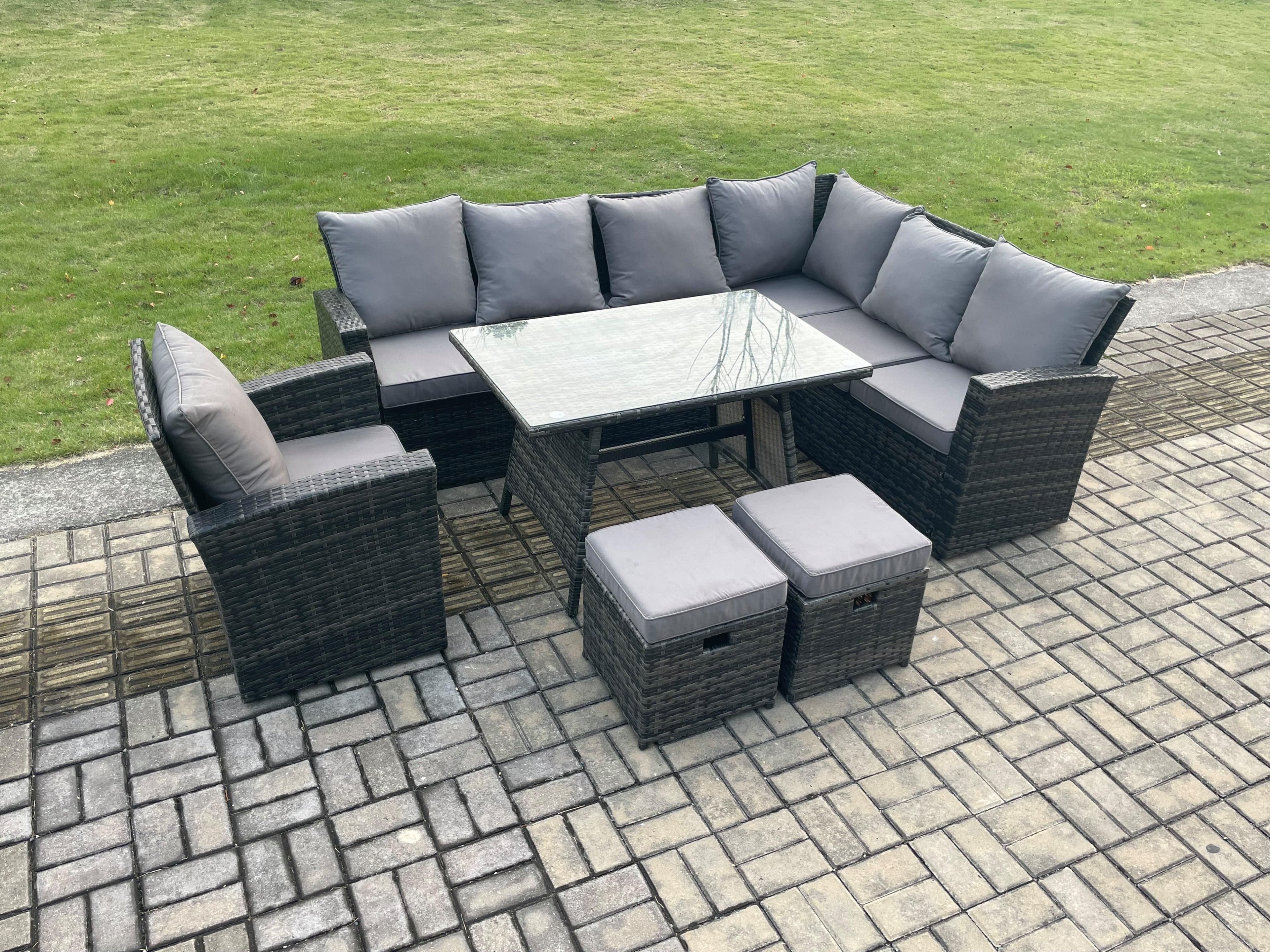 Outdoor Furniture Garden Dining Set Rattan Corner Sofa Chair Set Rectangular Dining Table Temper Glass Footstools