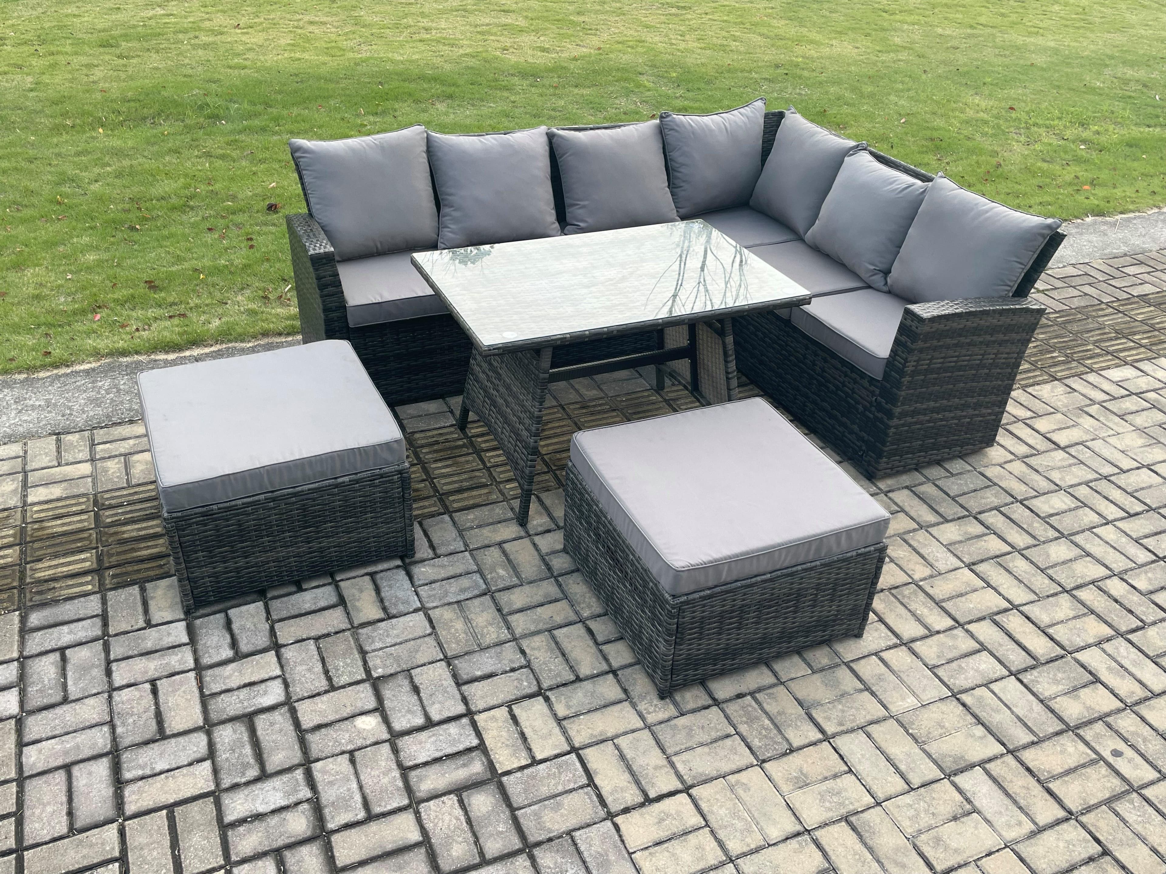 Outdoor Furniture Garden Dining Set Rattan Corner Sofa Set Rectangular Dining Table Temper Glass 2 Big Footstool
