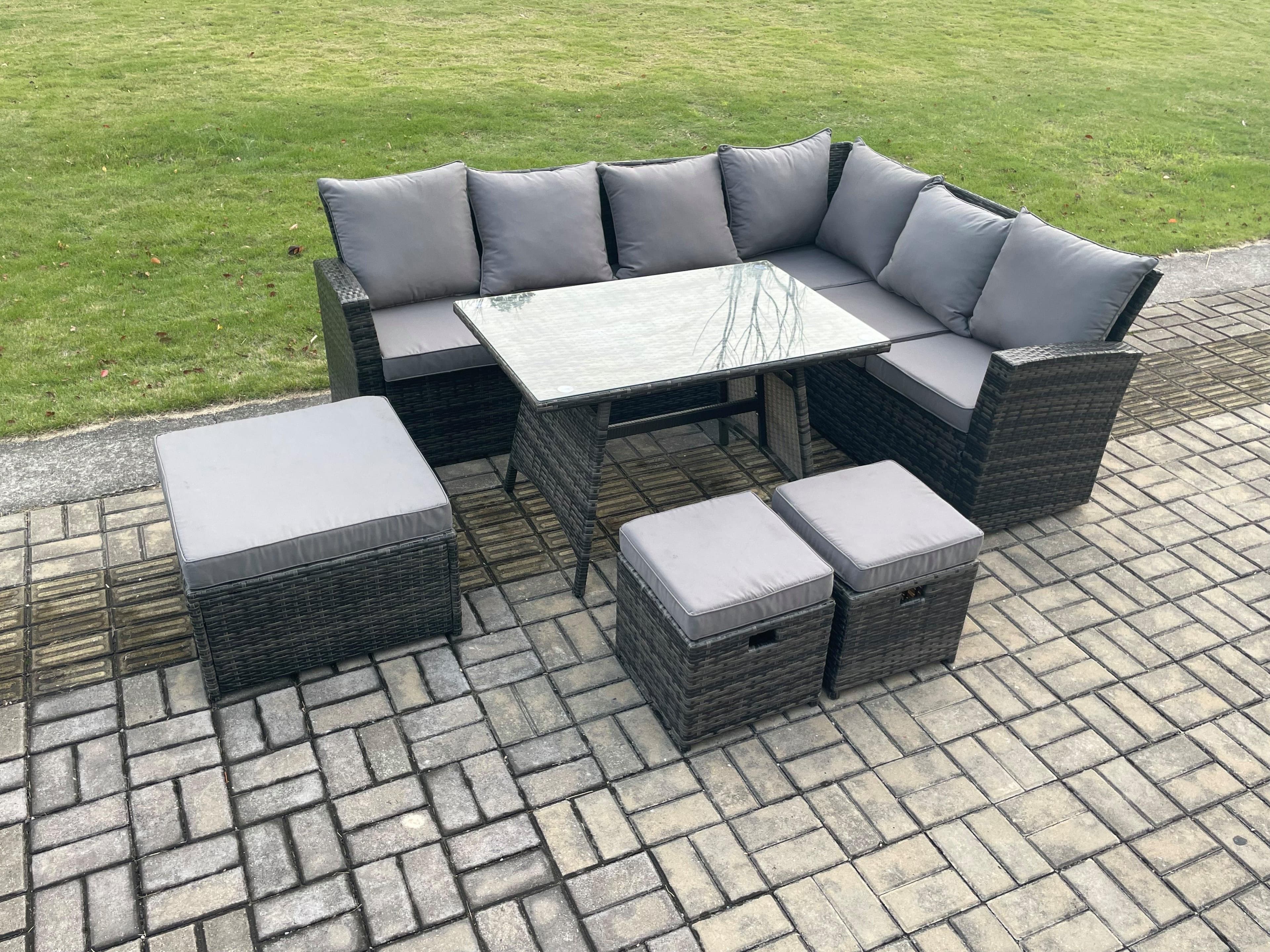 Outdoor Furniture Garden Dining Set Rattan Corner Sofa Set Rectangular Dining Table Temper Glass 3 Footstools