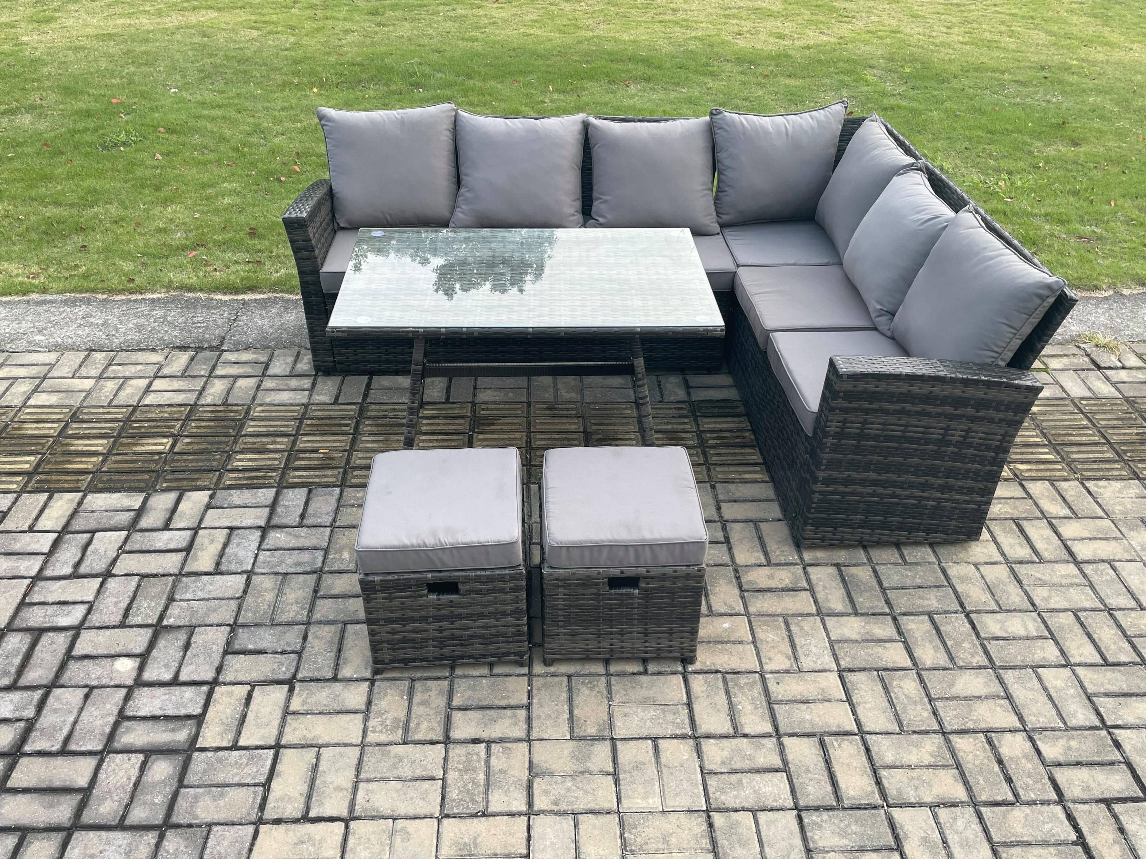 Outdoor Furniture Garden Dining Set Rattan Corner Sofa Set Rectangular Dining Table Temper Glass 2 Small Footstools