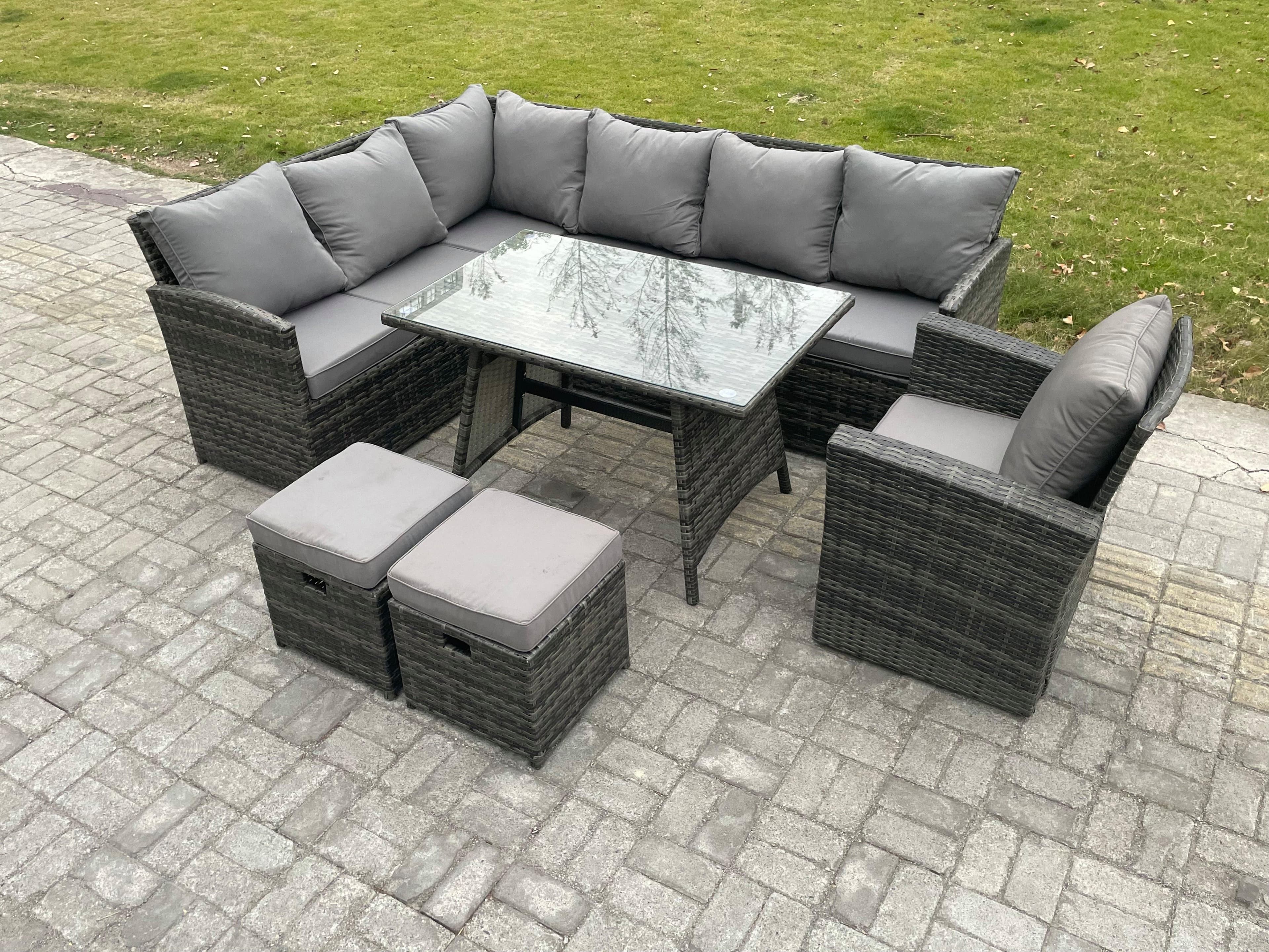 Wicker Rattan Garden Furniture Corner Sofa Set Oblong Dining Table 2 Small Footstools Chair