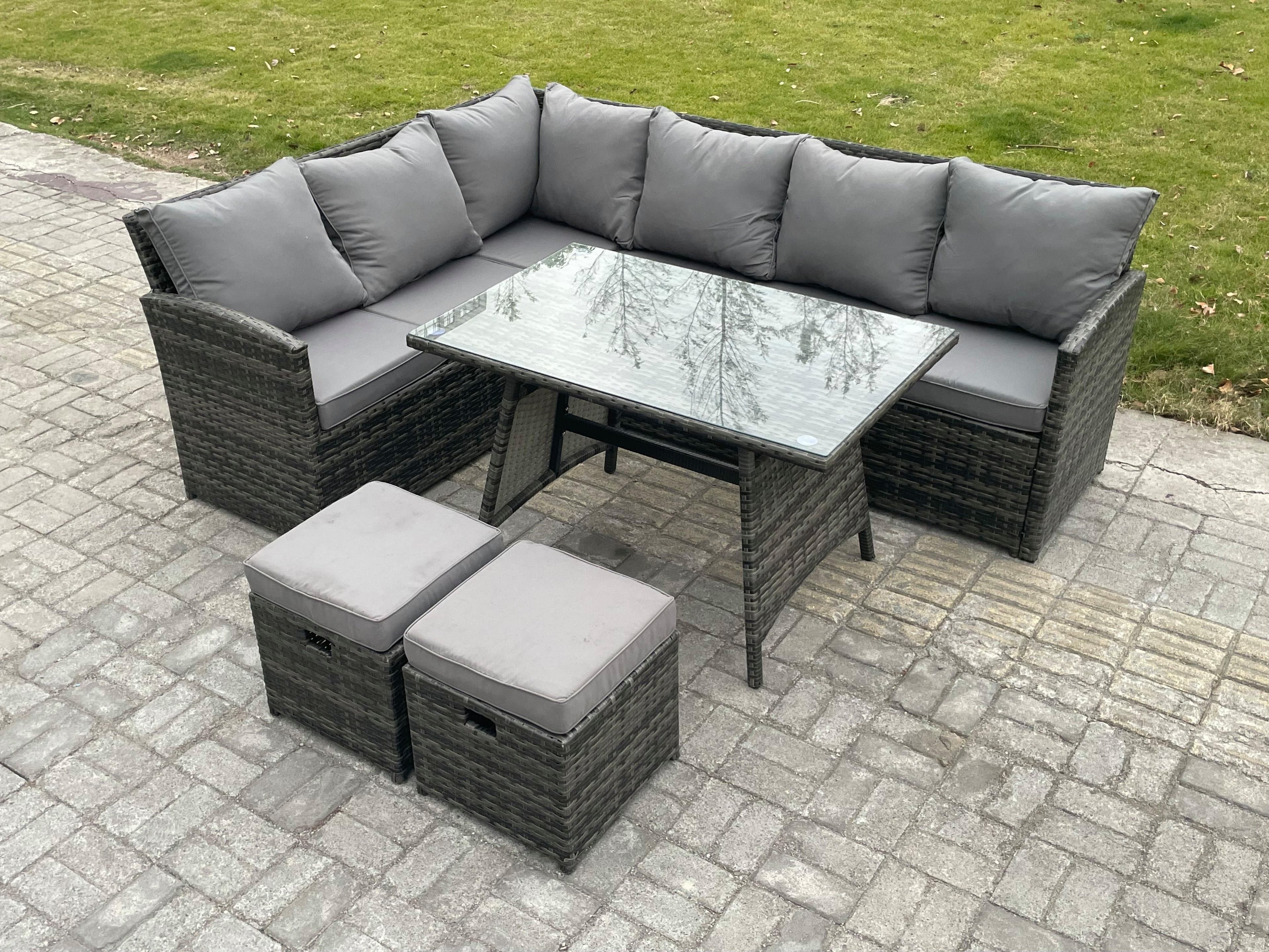 Wicker Rattan Garden Furniture Corner Sofa Set Oblong Dining Table 2 Small Footstools 8 Seater