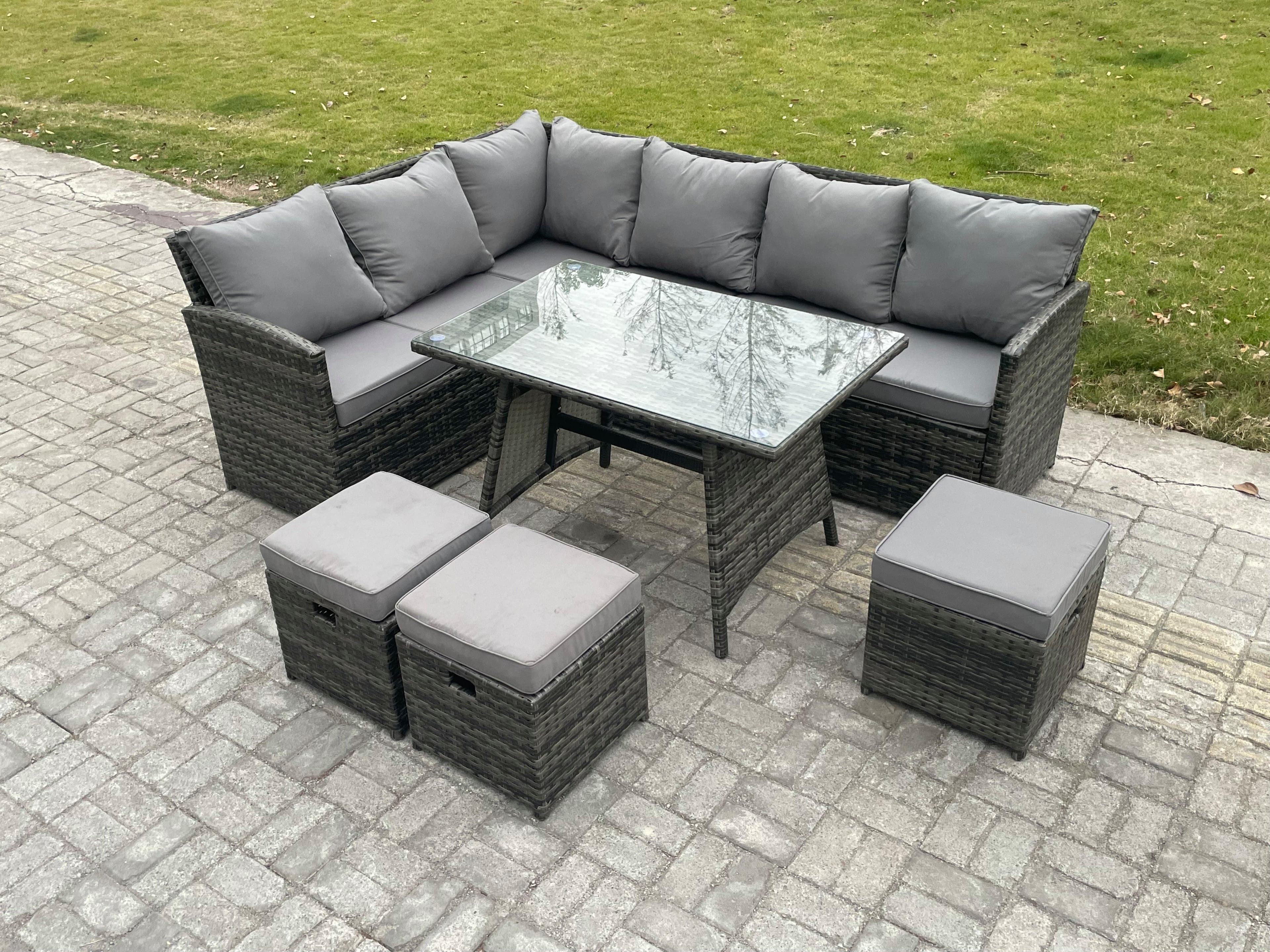 Wicker Rattan Garden Furniture Corner Sofa Set Oblong Dining Table 3 Small Footstools 9 Seater