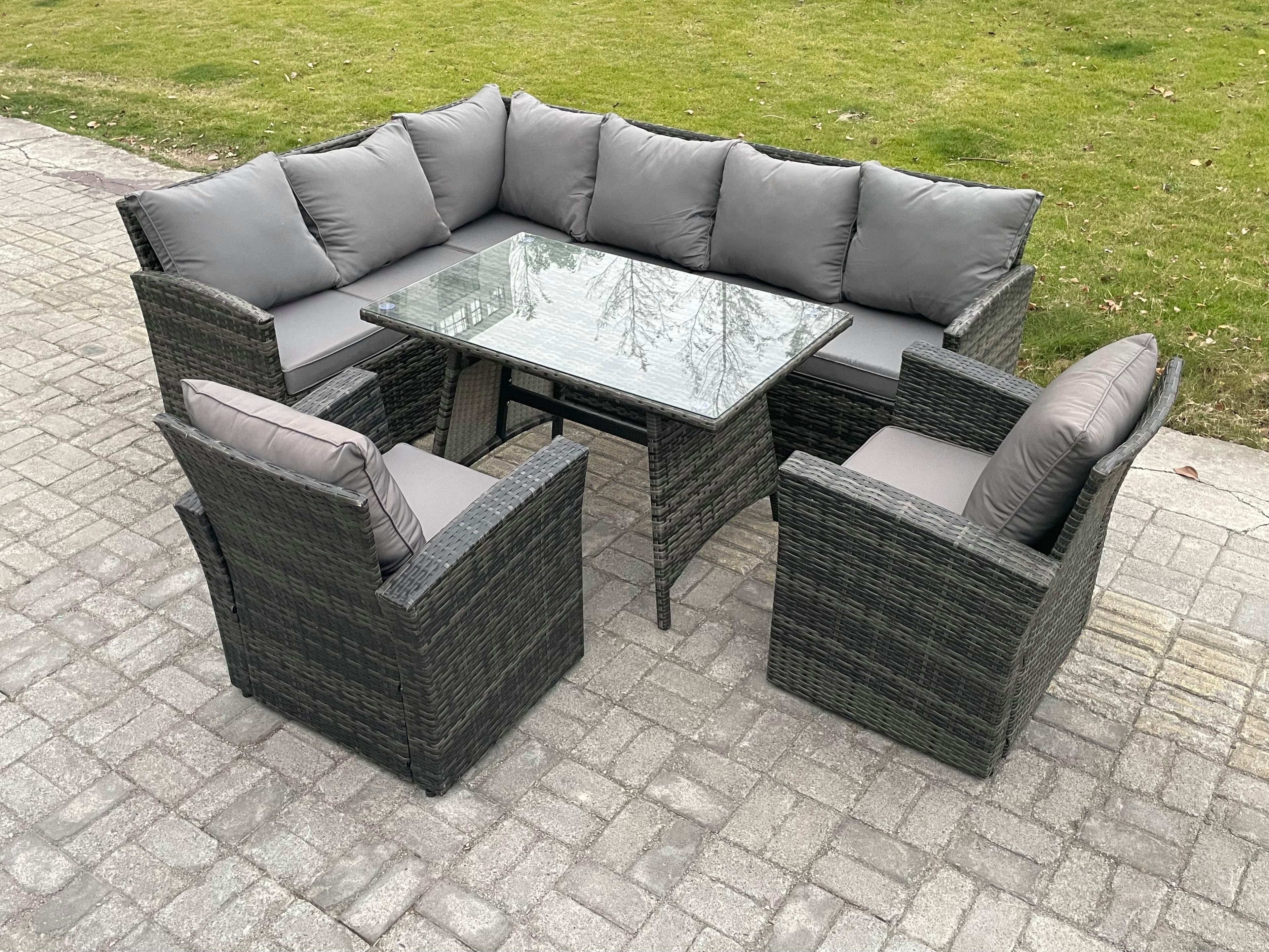 Rattan Garden Furniture Corner Sofa Set Oblong Dining Table 2 Armchairs 8 Seater Outdoor Rattan Set