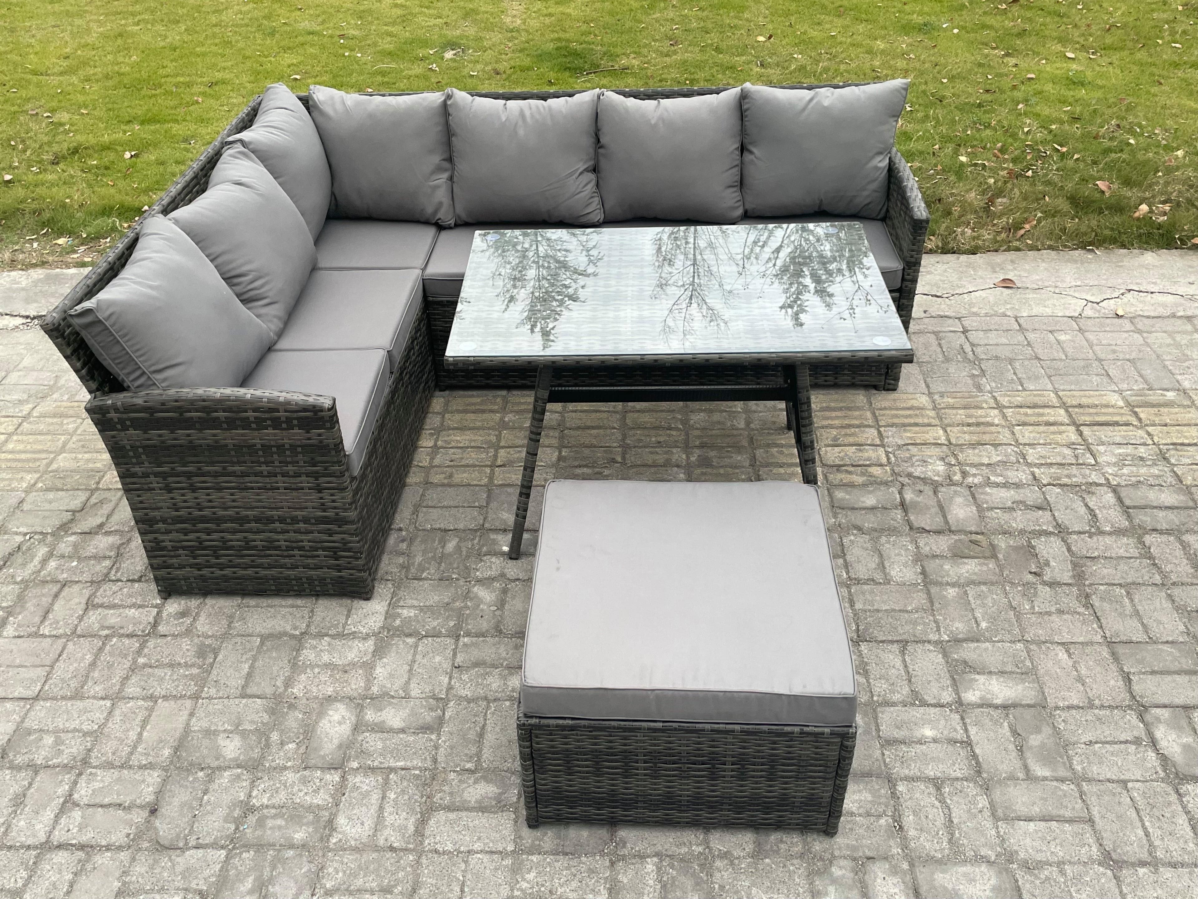 Rattan Garden Furniture Corner Sofa Set Oblong Dining Table Big Footstool Outdoor Rattan Set