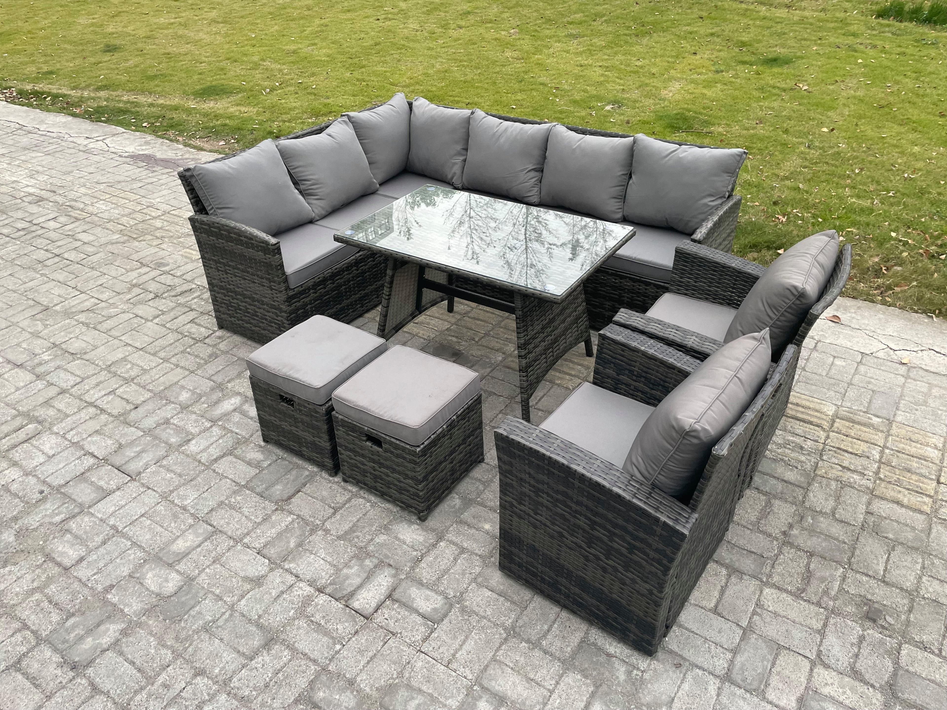 Rattan Garden Furniture Corner Sofa Set Oblong Dining Table 2 Small Footstools 2 Armchairs