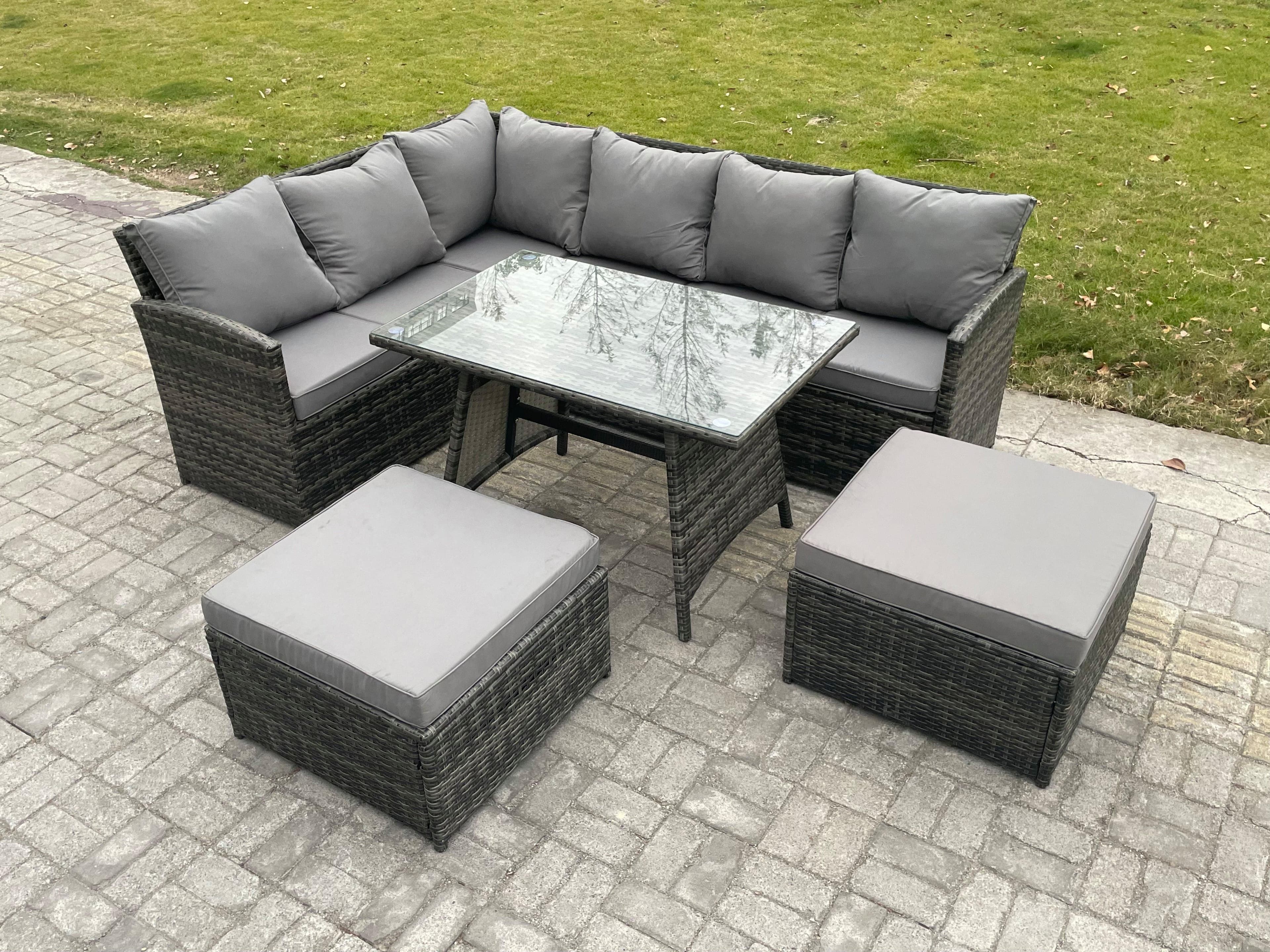 Rattan Garden Furniture Corner Sofa Set Oblong Dining Table 2 Big Footstool Outdoor Wicker Rattan Set