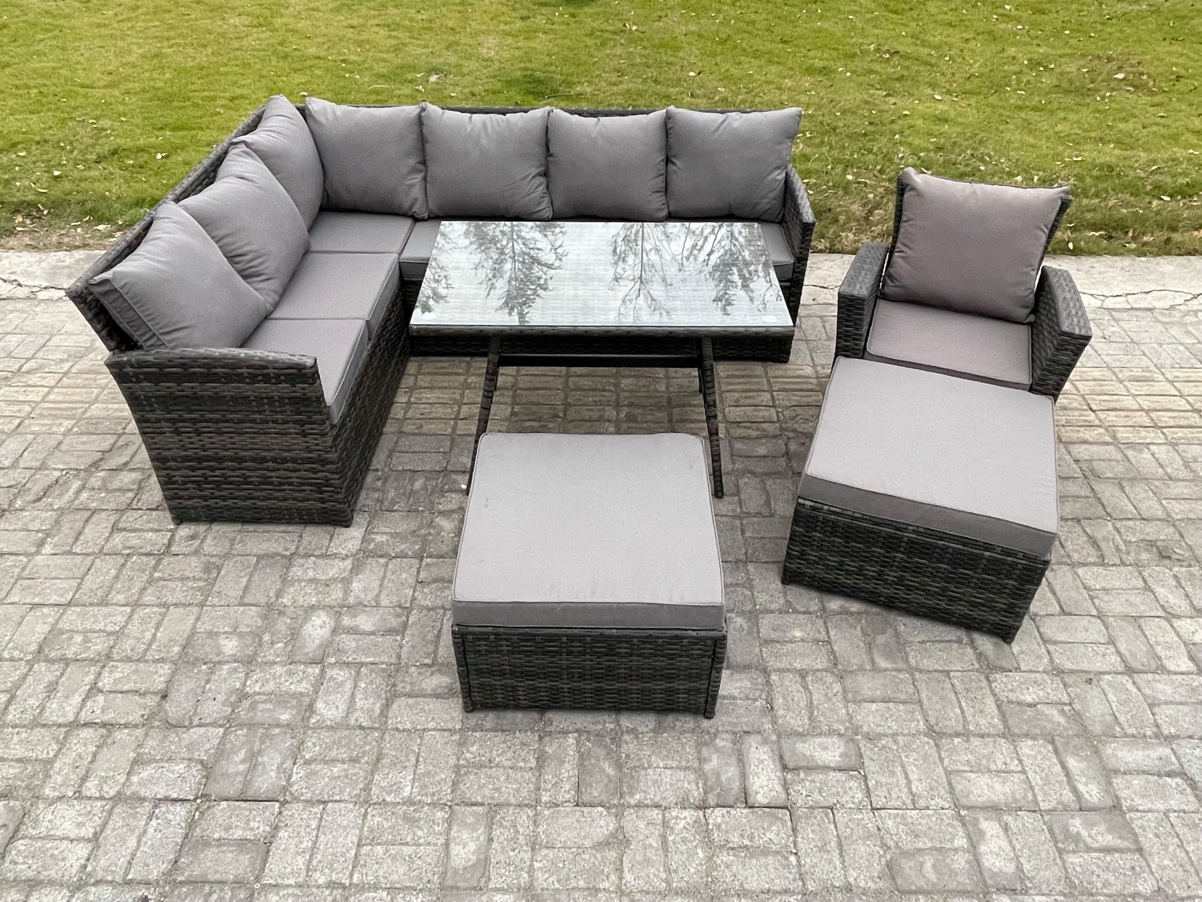 Rattan Garden Furniture Corner Sofa Set Oblong Dining Table Footstool Armchair Outdoor Wicker Rattan Set