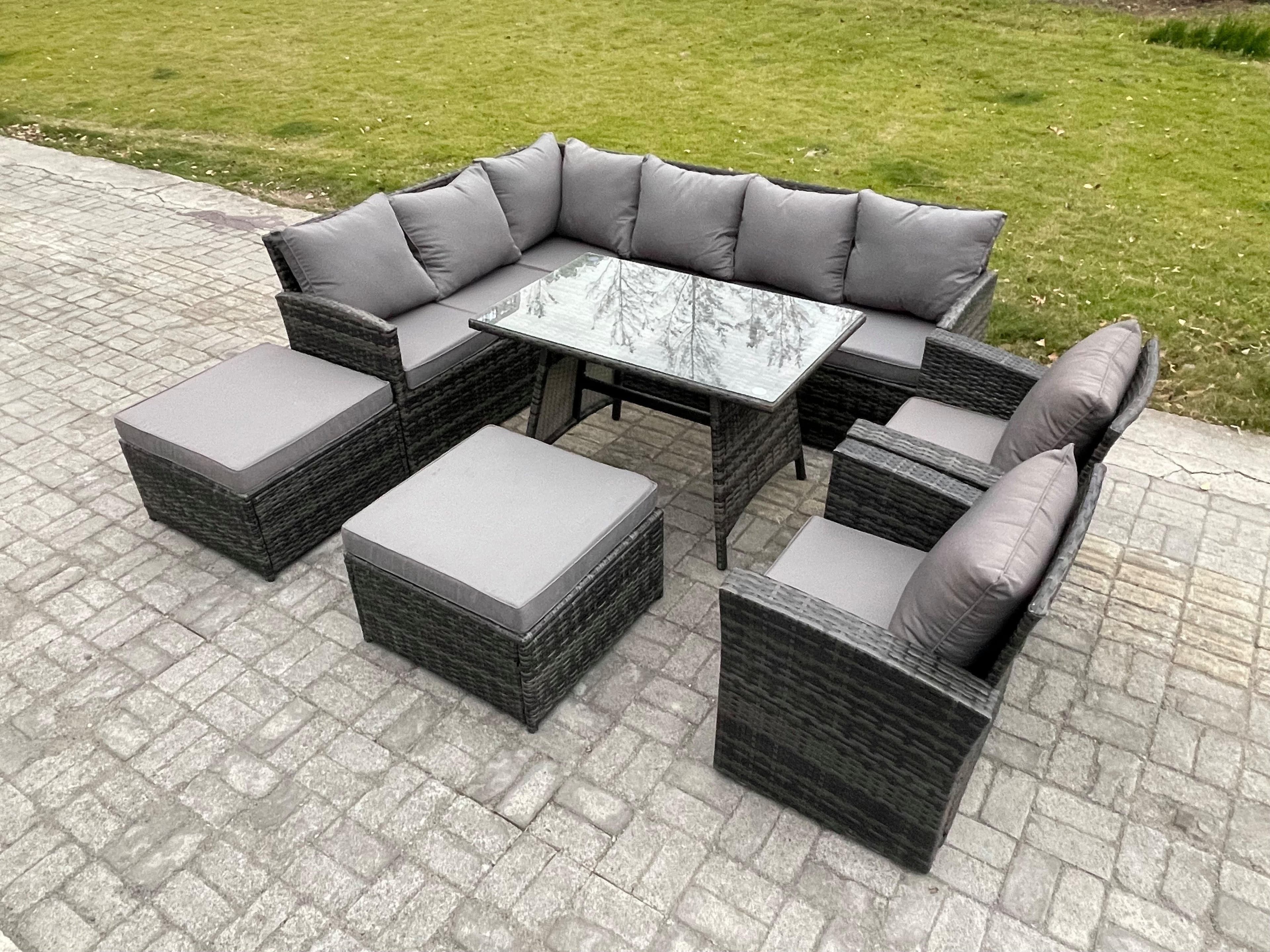 Outdoor Rattan Garden Furniture Corner Sofa Set Oblong Dining Table 2 Big Footstool 2 Armchairs