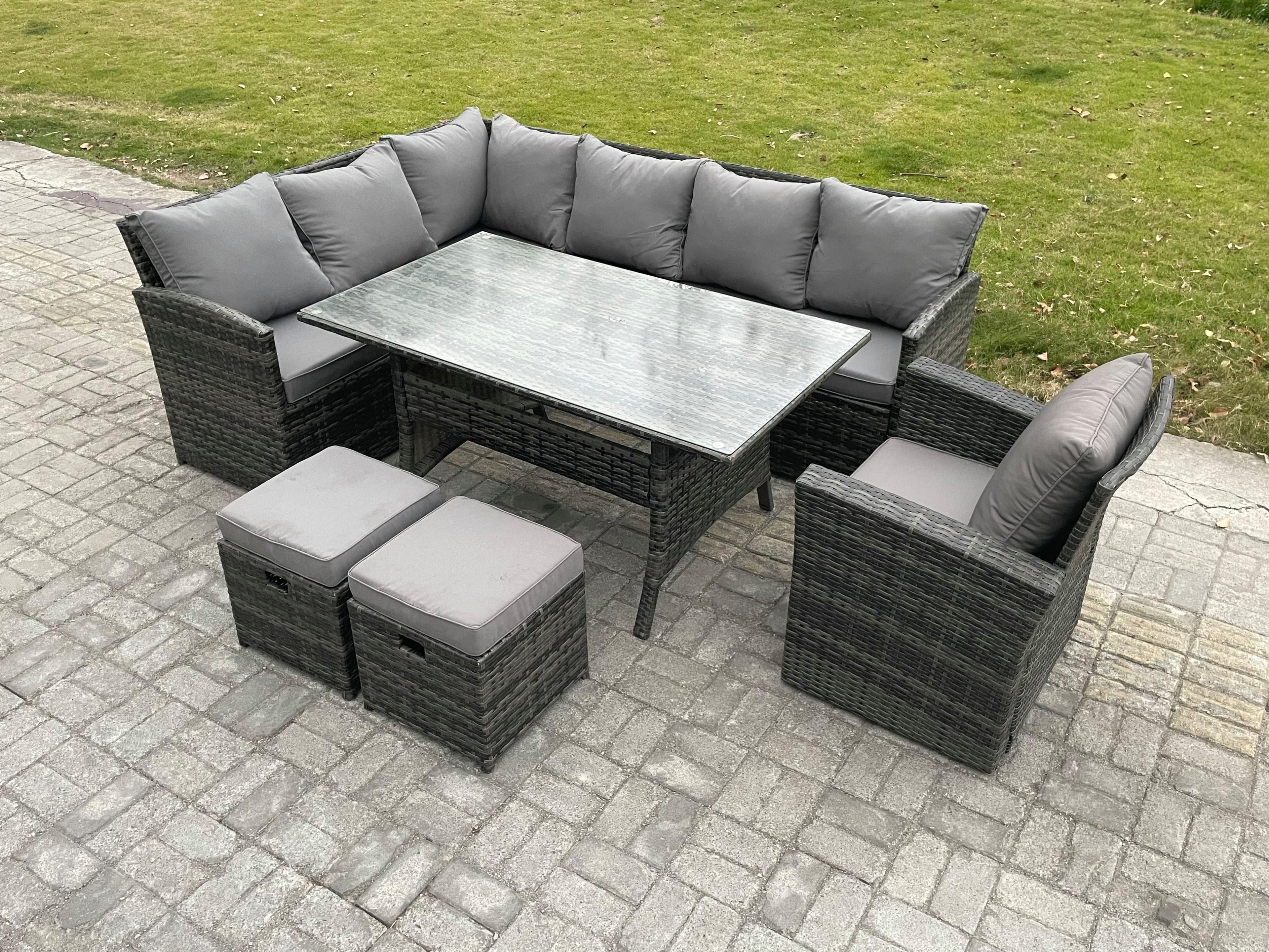 Outdoor Rattan Garden Furniture Corner Sofa Set Rectangular Dining Table 2 Small Footstools Armchair
