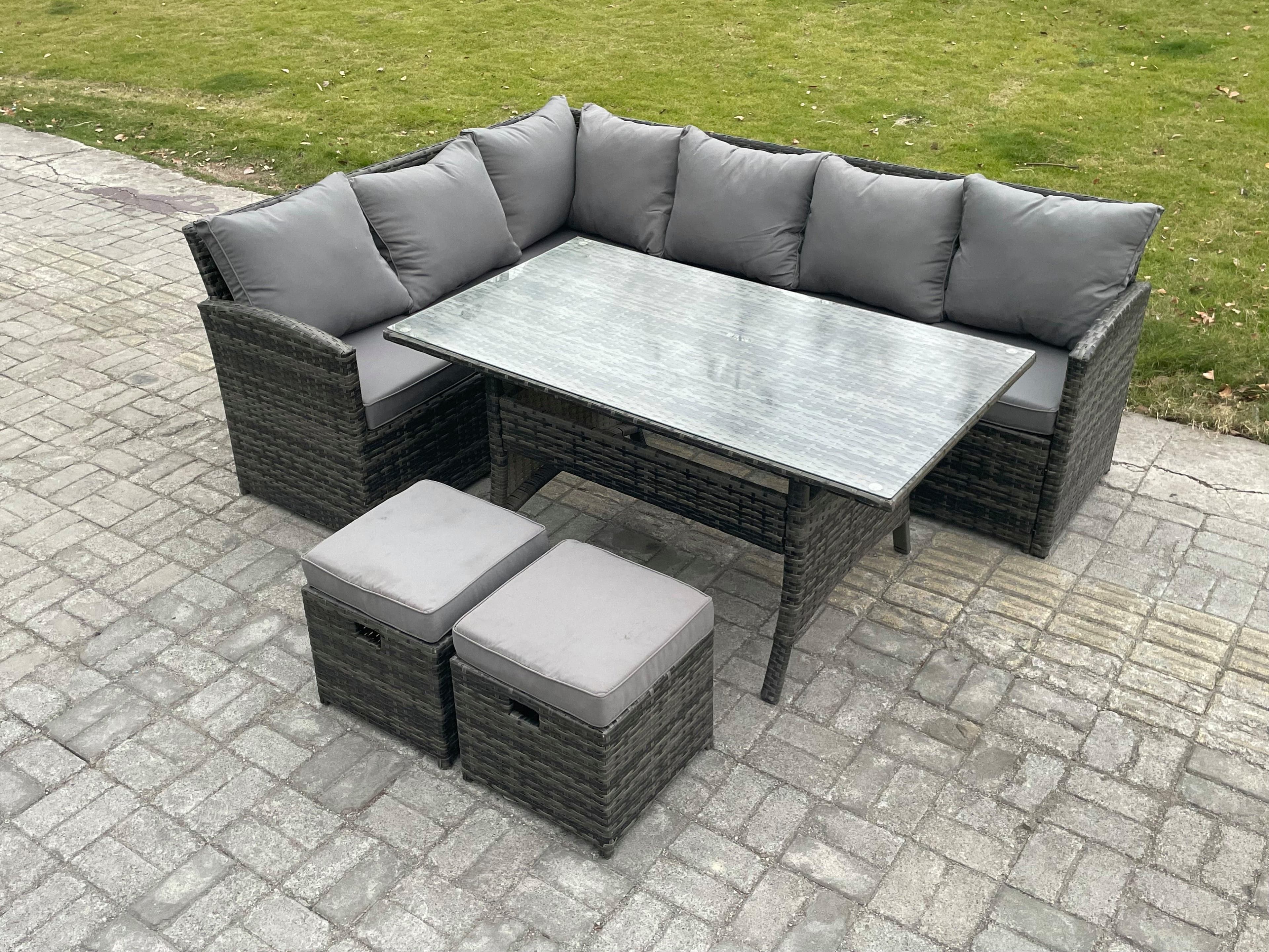 Outdoor Rattan Garden Furniture Corner Sofa Set Rectangular Dining Table 2 Small Footstools Patio Wicker Rattan Set