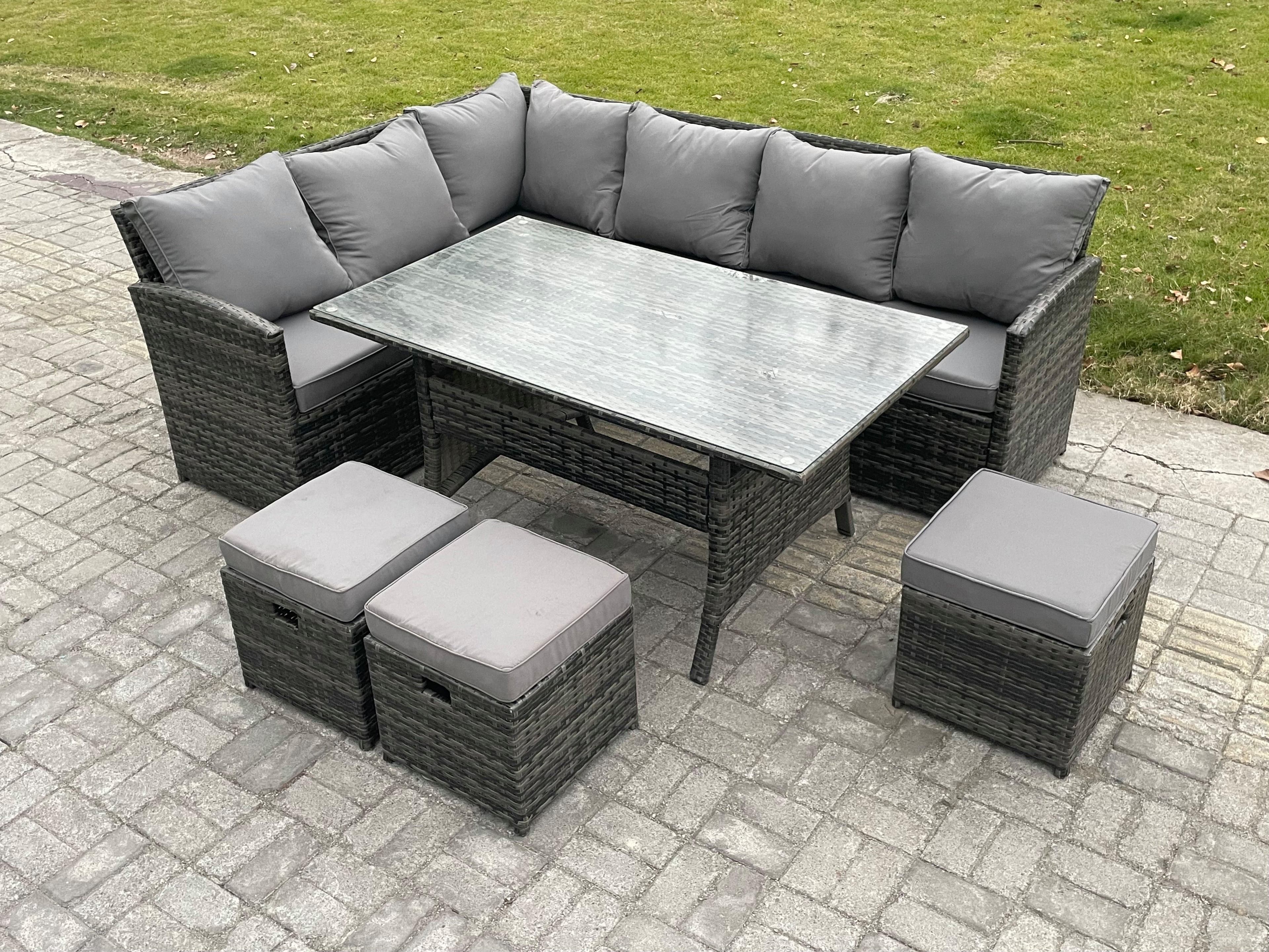 Outdoor Rattan Garden Furniture Corner Sofa Set Rectangular Dining Table 3 Small Footstools Patio Wicker Rattan Set