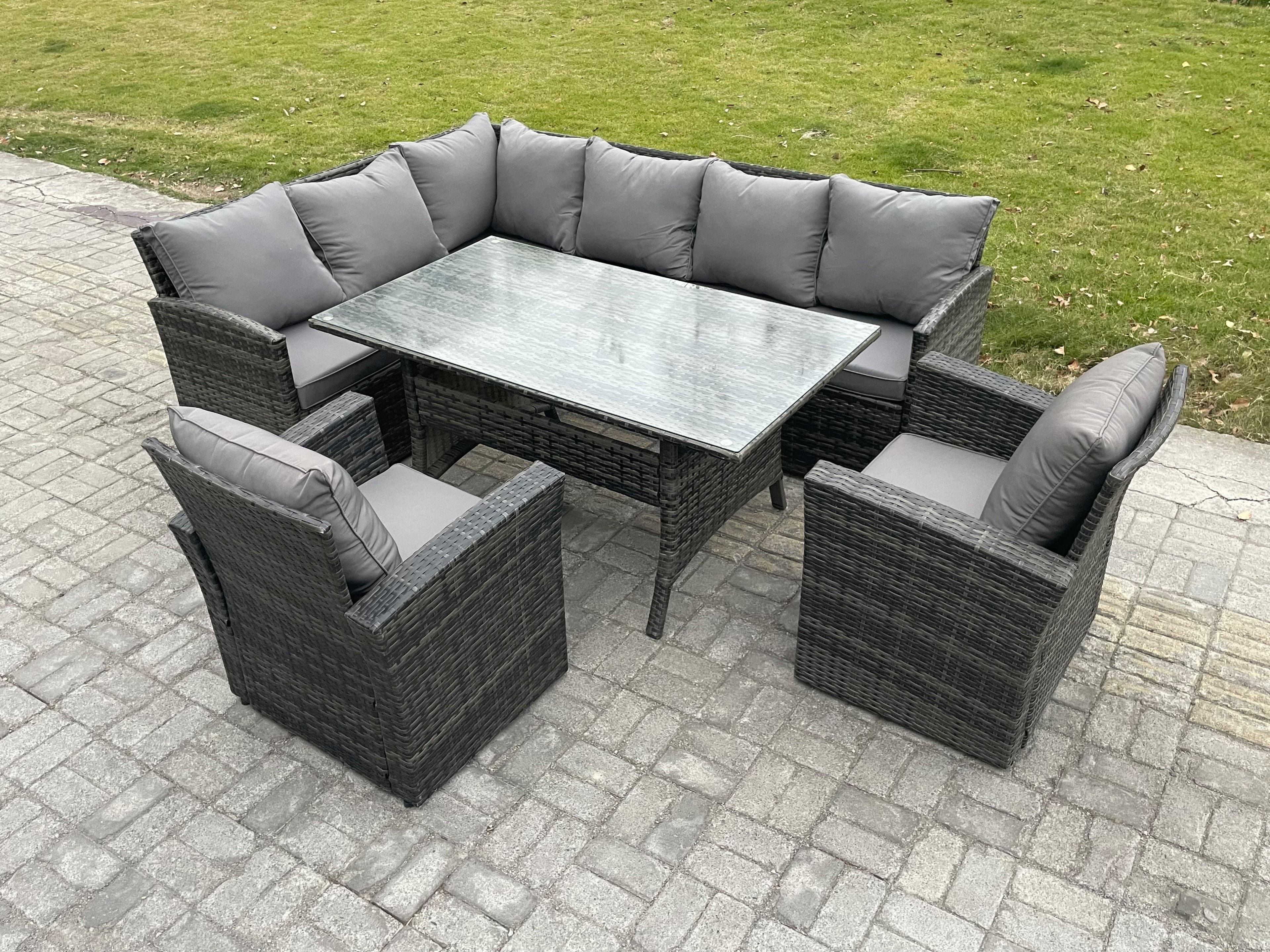 8 Seater Outdoor Rattan Garden Furniture Set Rectangular Dining Table 2 Armchairs Patio Wicker Corner Sofa Set