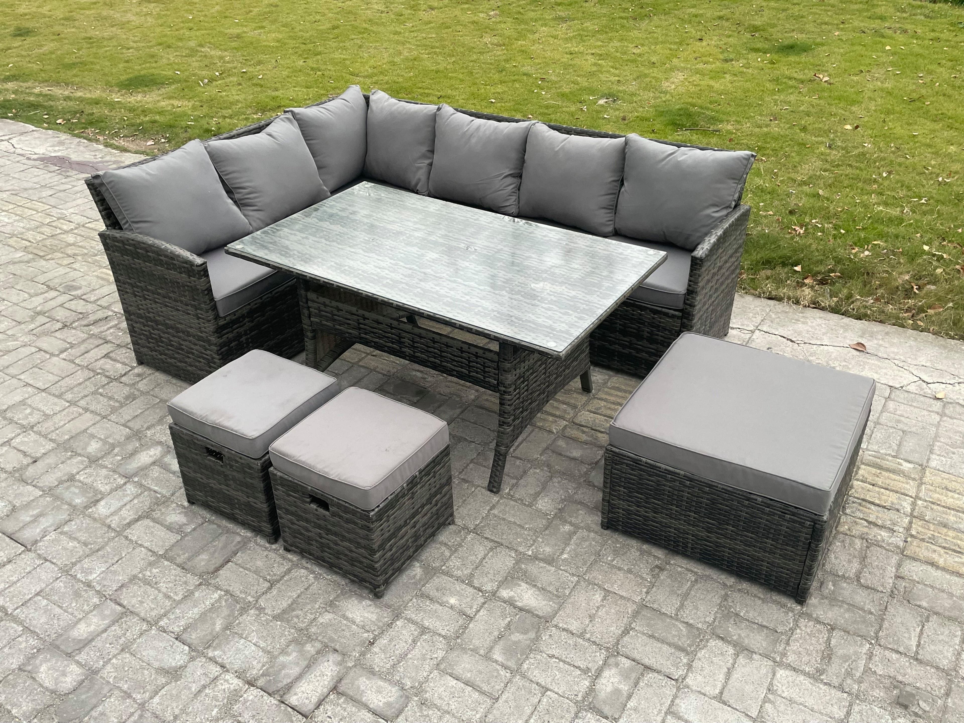 9 Seater Outdoor Rattan Garden Furniture Set Rectangular Dining Table 3 Footstools Patio Wicker Corner Sofa Set