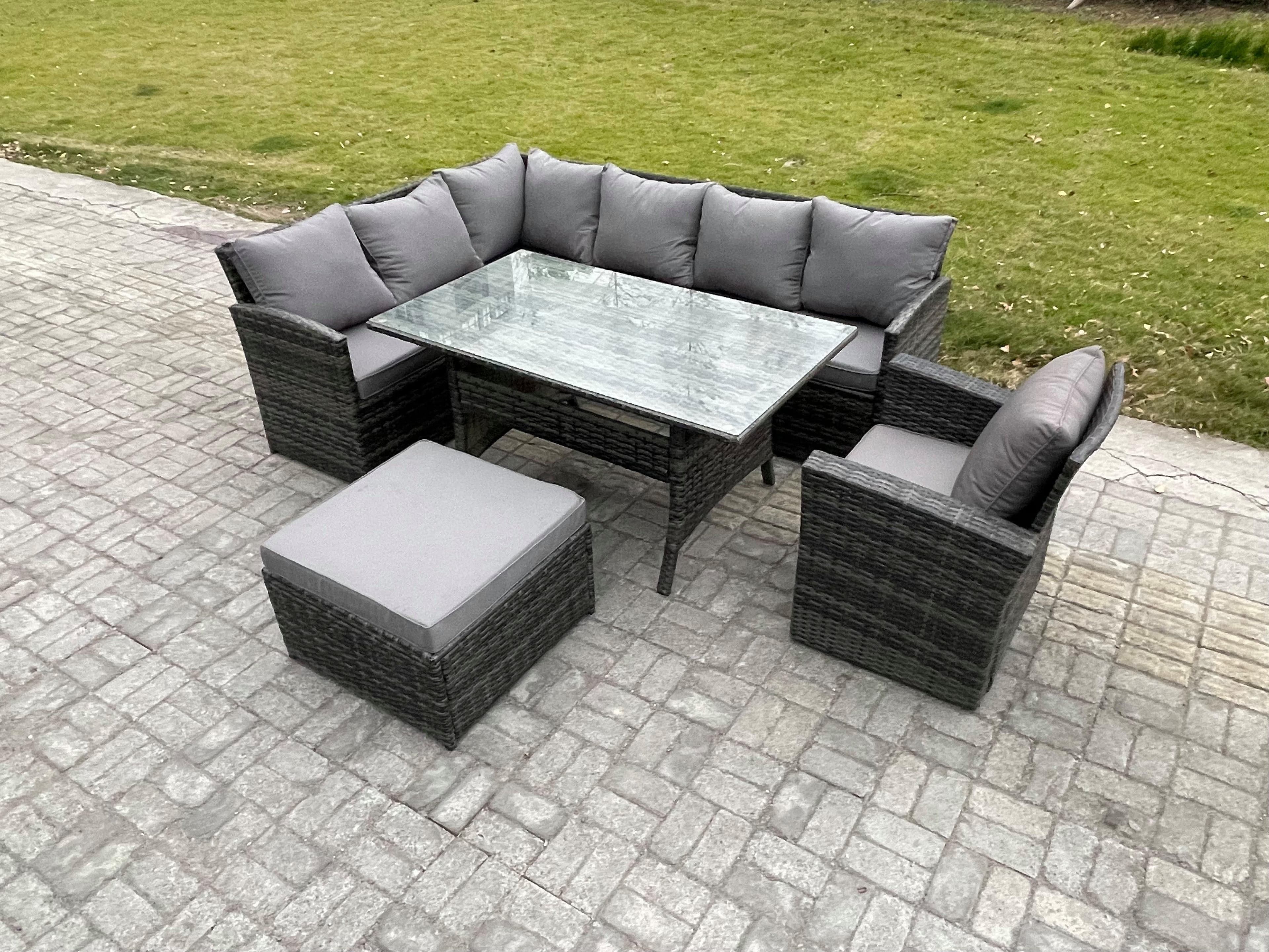 8 Seater Outdoor Rattan Garden Furniture Set Rectangular Dining Table Big Footstool Armchair Patio Corner Sofa Set