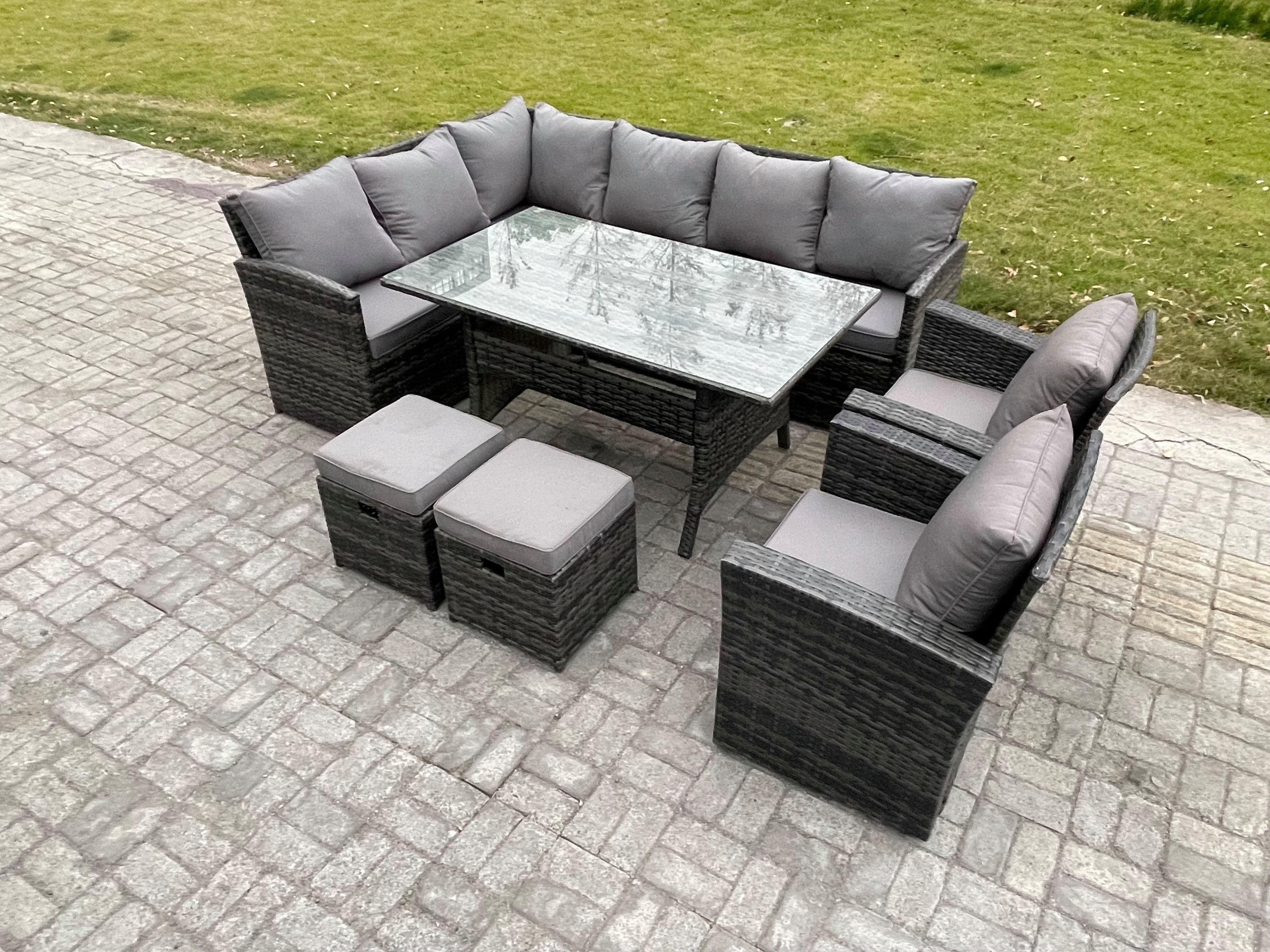 10 Seater Outdoor Rattan Garden Furniture Set Rectangular Dining Table 2 Small Footstool 2 Armchairs Patio Wicker