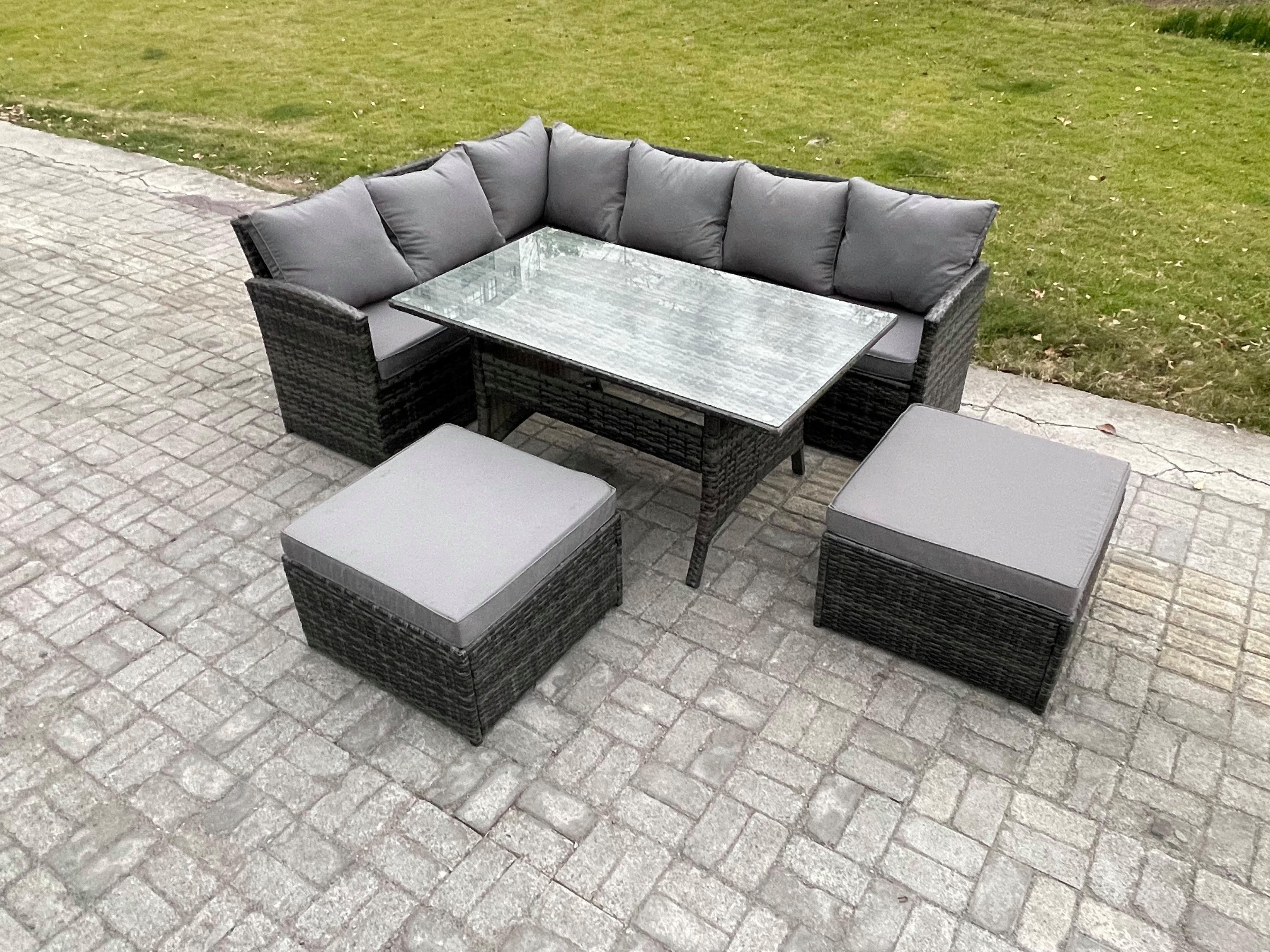 8 Seater Outdoor Rattan Garden Furniture Set Rectangular Dining Table 2 Big Footstool Patio Wicker Corner Sofa Set