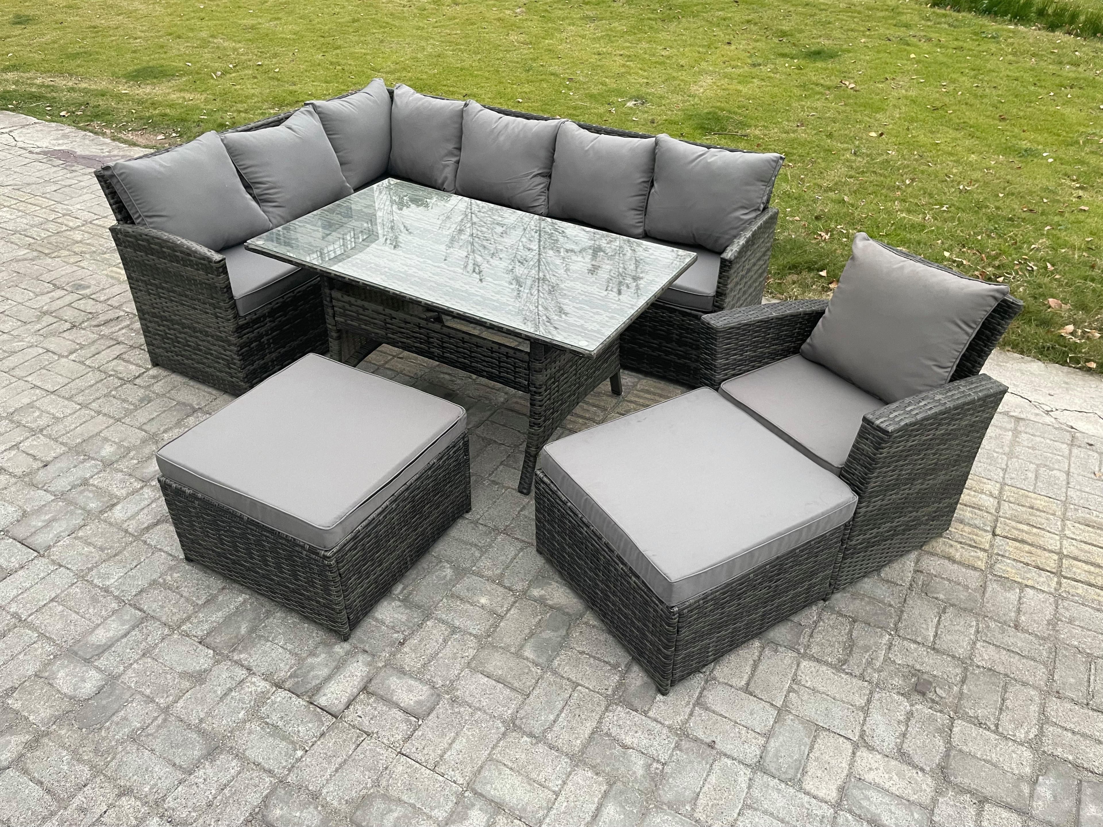 9 Seater Outdoor Rattan Garden Furniture Set Rectangular Dining Table 2 Big Footstool Armchiar Patio Corner Sofa Set