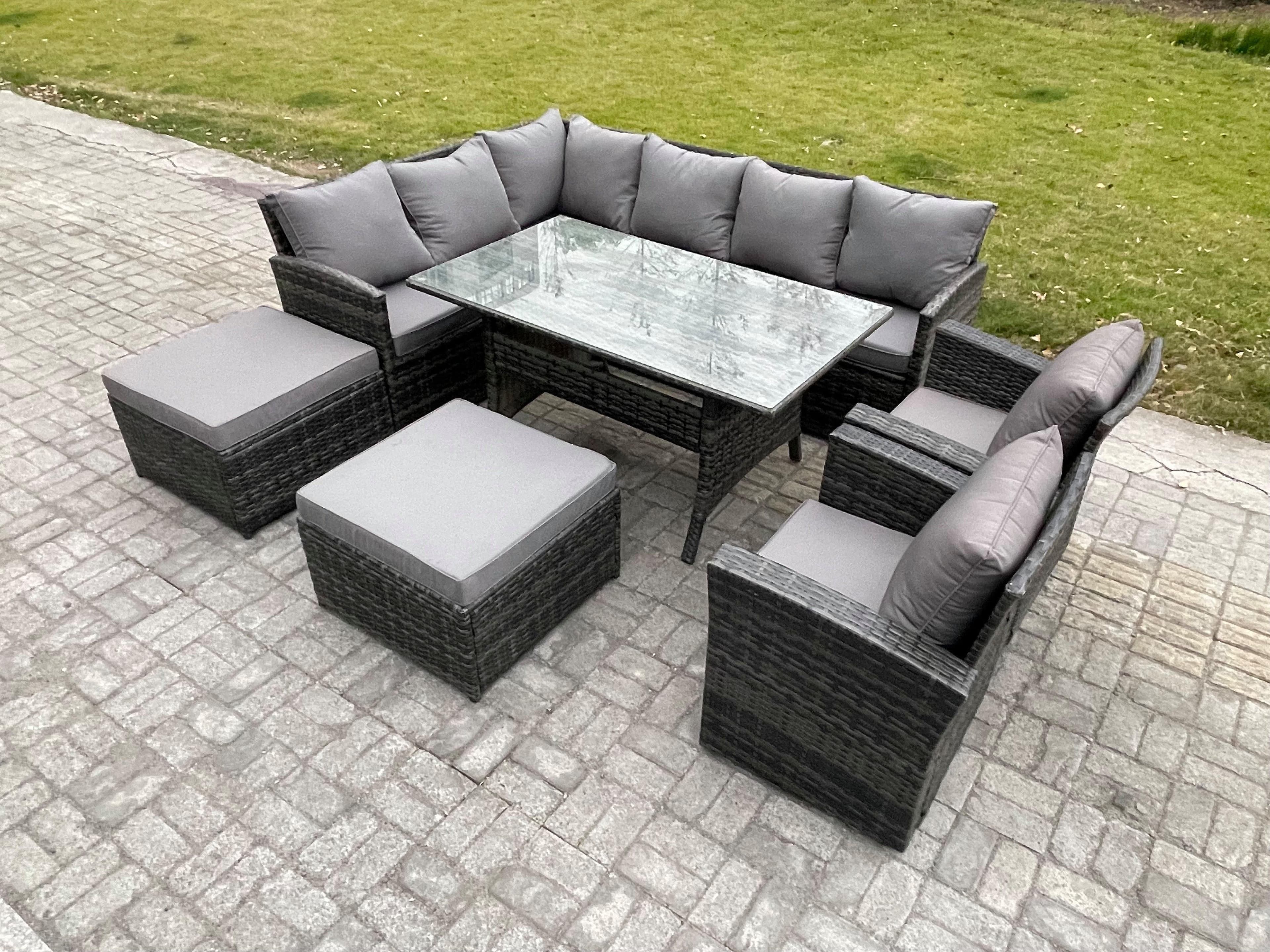 10 Seater Outdoor Rattan Garden Furniture Set Rectangular Dining Table 2 Big Footstool 2 Armchiars Patio Wicker