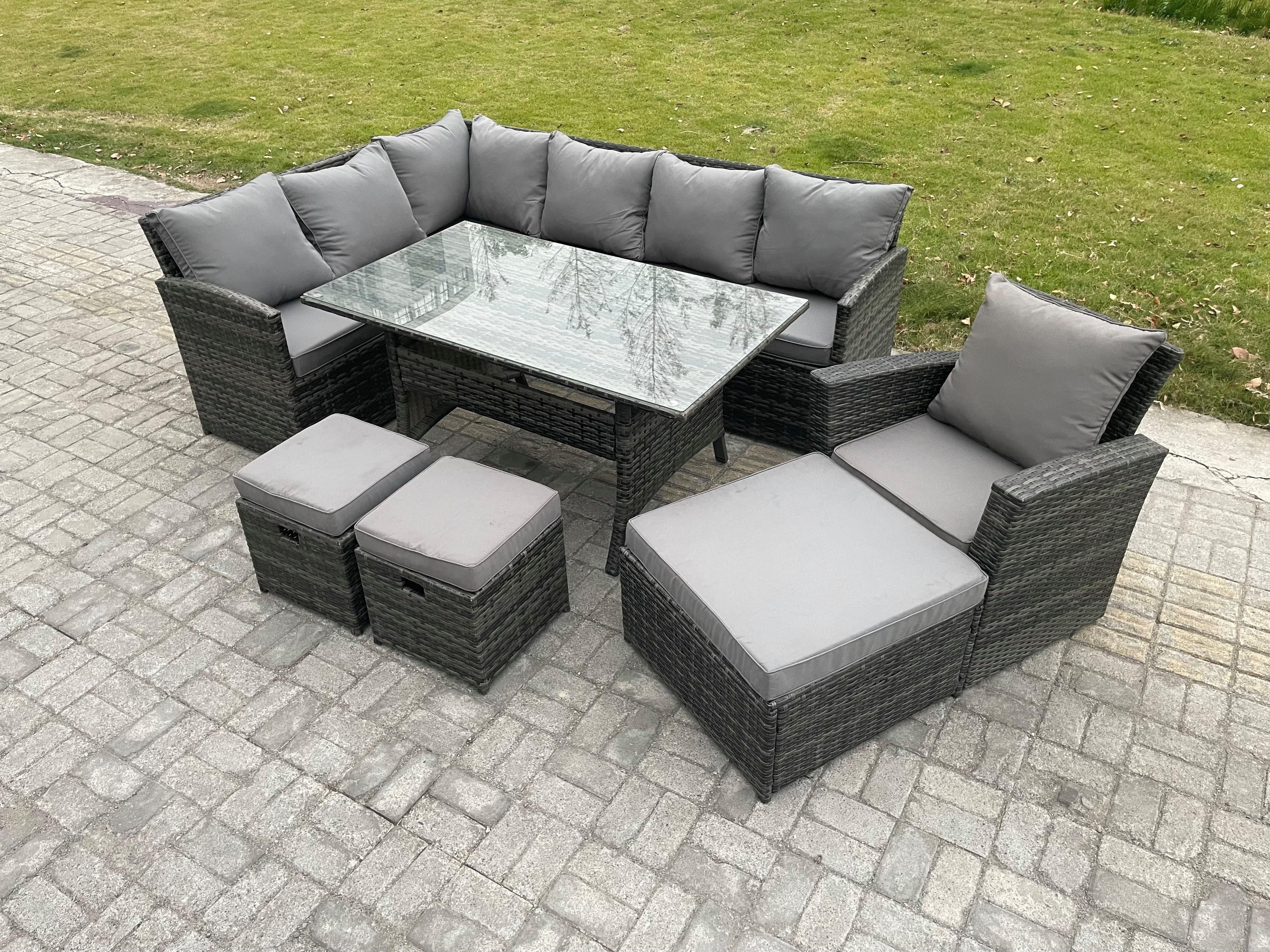 10 Seater Outdoor Rattan Garden Furniture Set Rectangular Dining Table 3 Footstool Armchiar Wicker Corner Sofa Set
