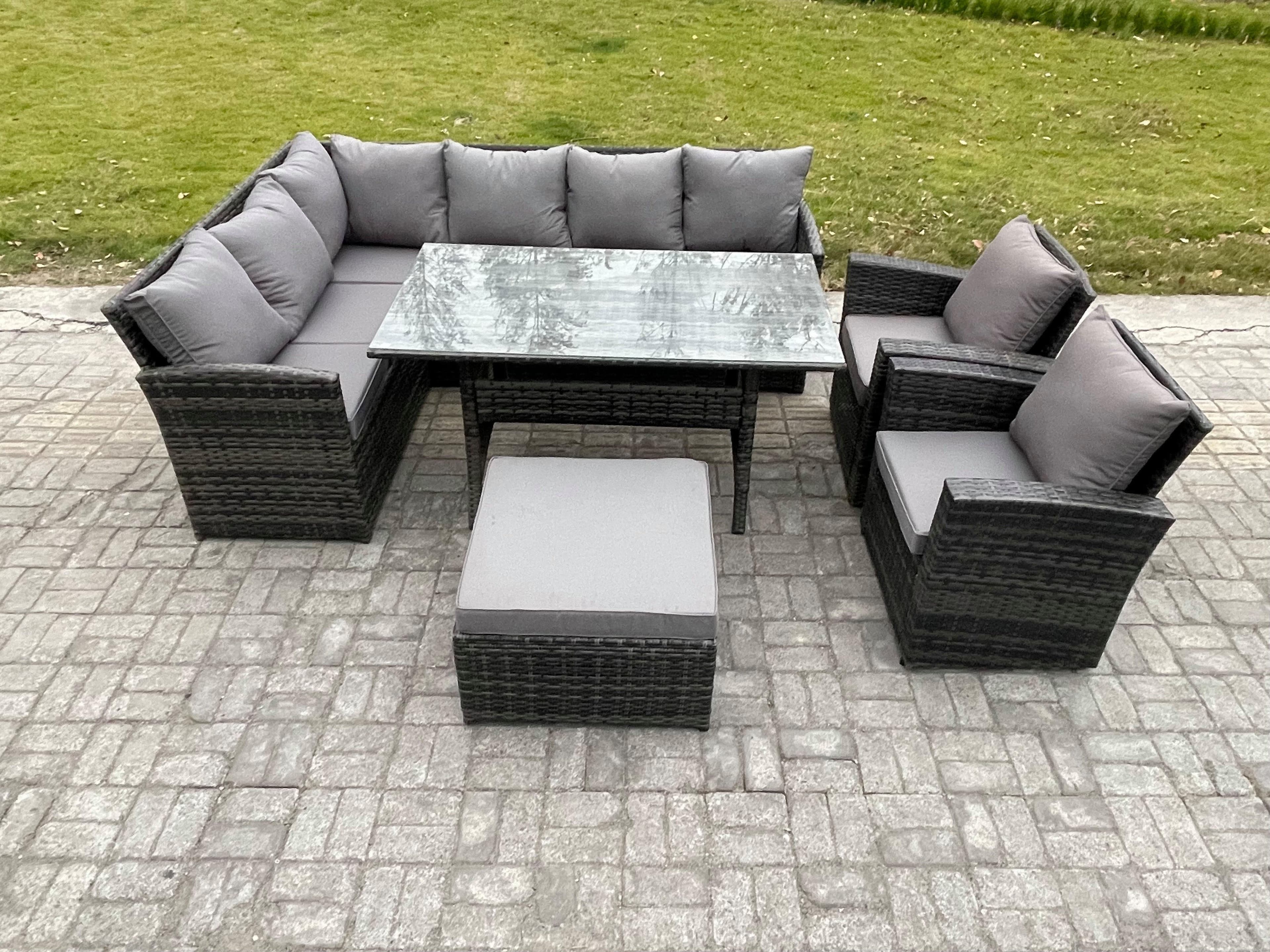 9 Seater Outdoor Rattan Garden Furniture Set Dining Table Big Footstool 2 Armchiars Patio Wicker Corner Sofa Set