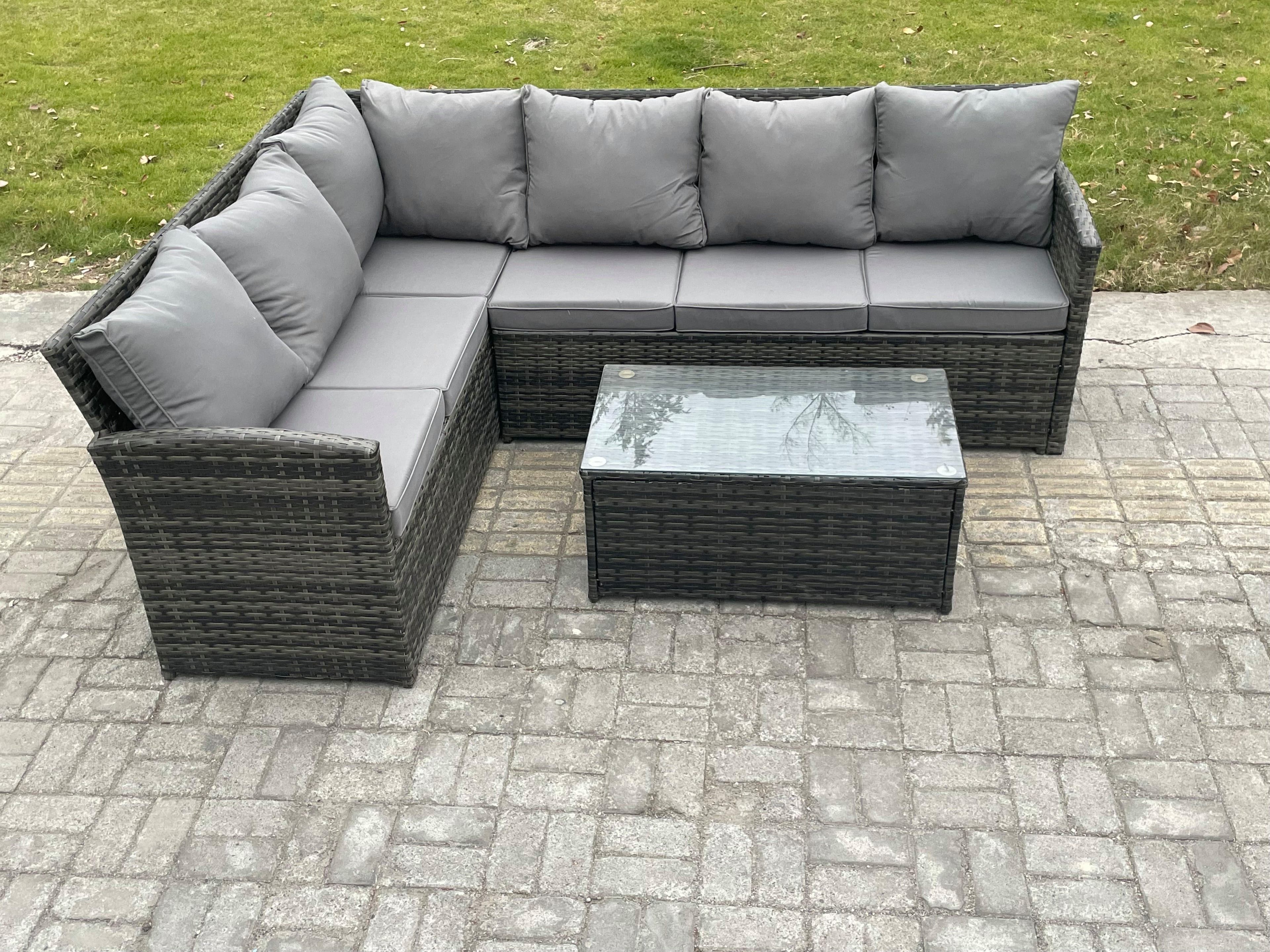 Rattan Lounge Corner Sofa Set Wicker PE Outdoor Garden Furniture Set Rectangular Coffee Table Dark Grey Mixed
