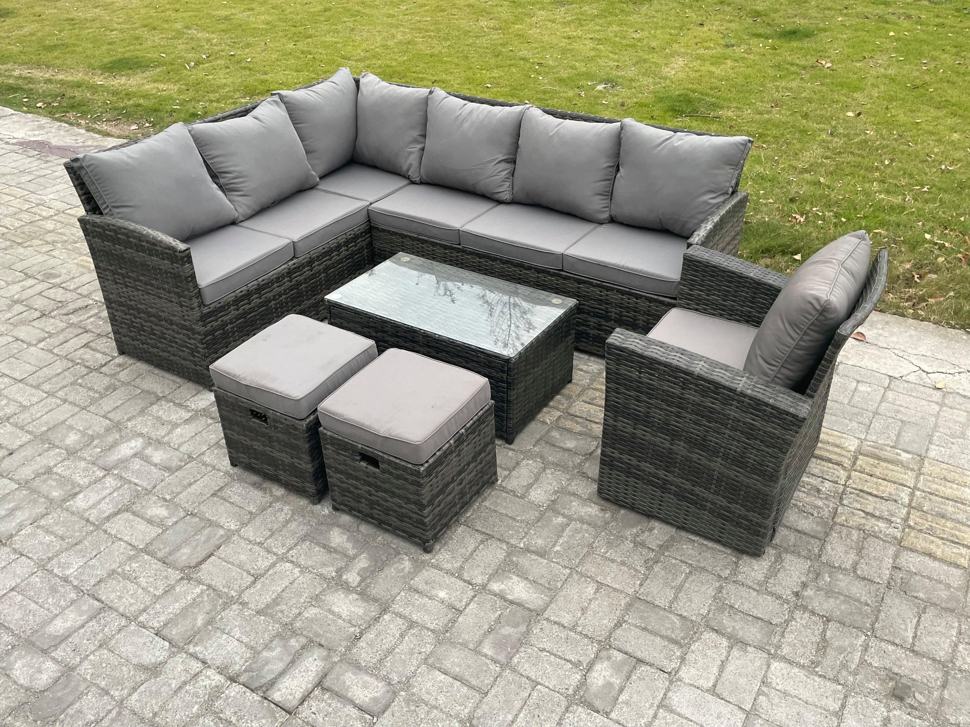 Rattan Lounge Corner Sofa Set Wicker PE Outdoor Garden Furniture Set Rectangular Coffee Table 2 Small Footstools