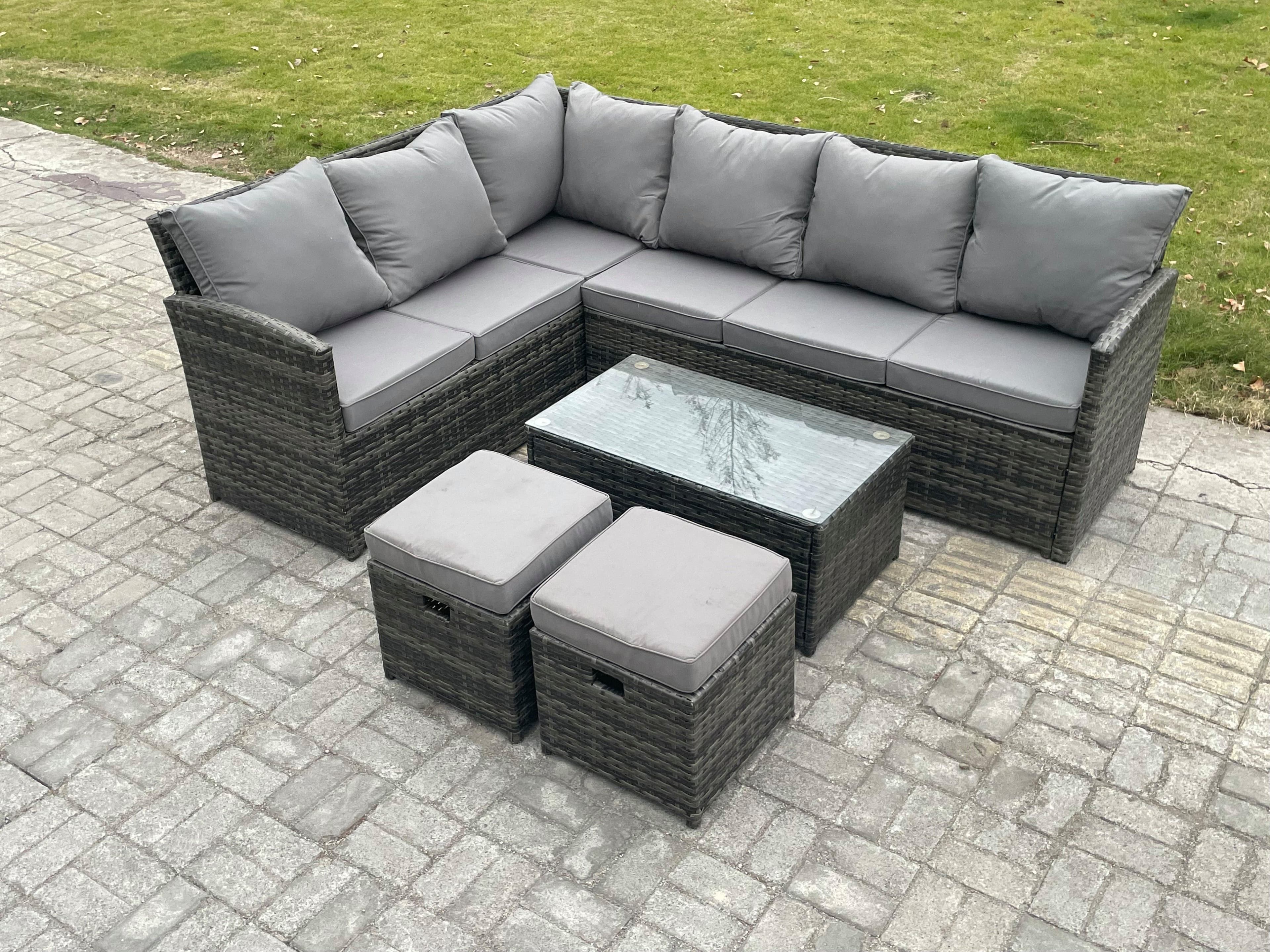 Rattan Lounge Corner Sofa Set Wicker Outdoor Garden Furniture Set Rectangular Coffee Table 2 Small Footstools
