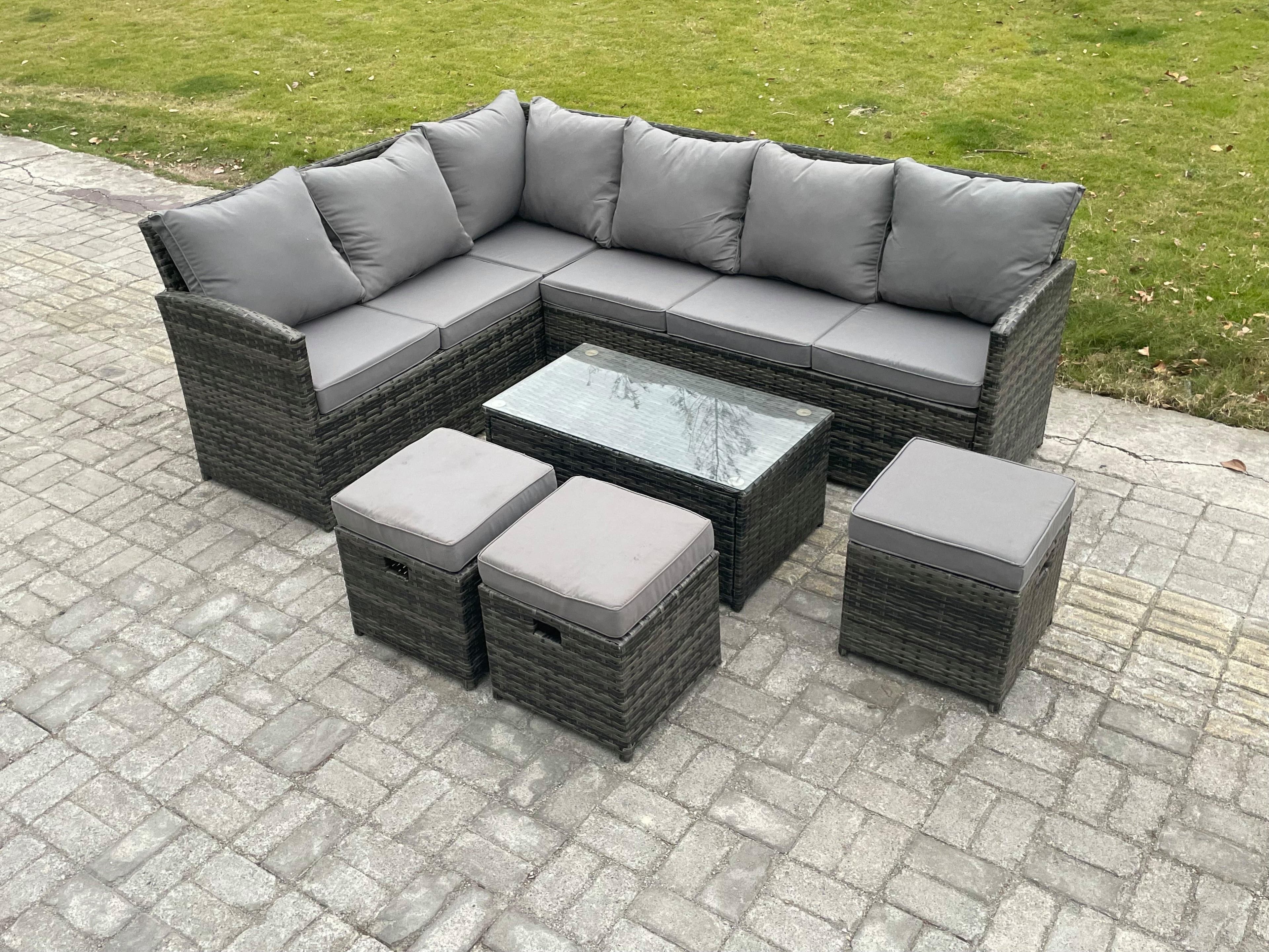 Rattan Lounge Corner Sofa Set Wicker PE Outdoor Garden Furniture Set Rectangular Coffee Table 3 Small Footstools