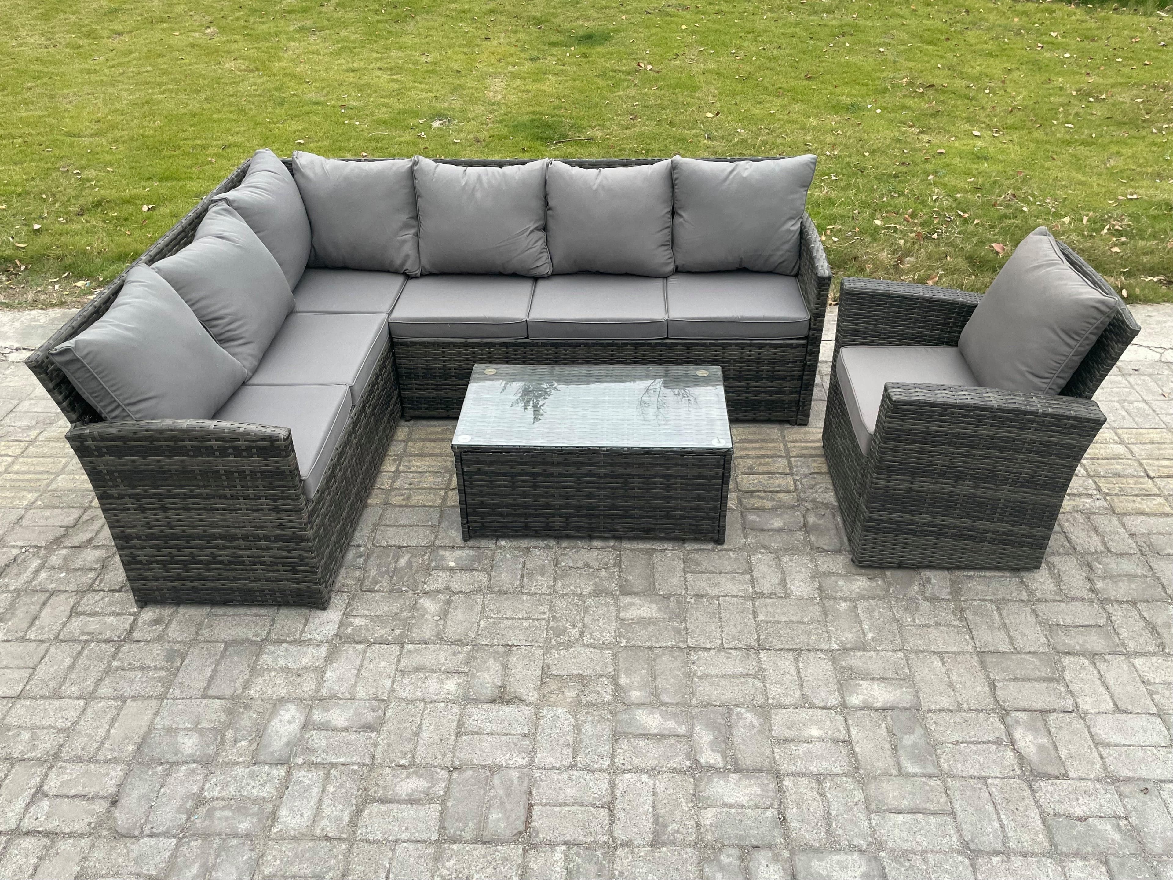 Rattan Lounge Corner Sofa Set Wicker PE Outdoor Garden Furniture Set Rectangular Coffee Table Armchair