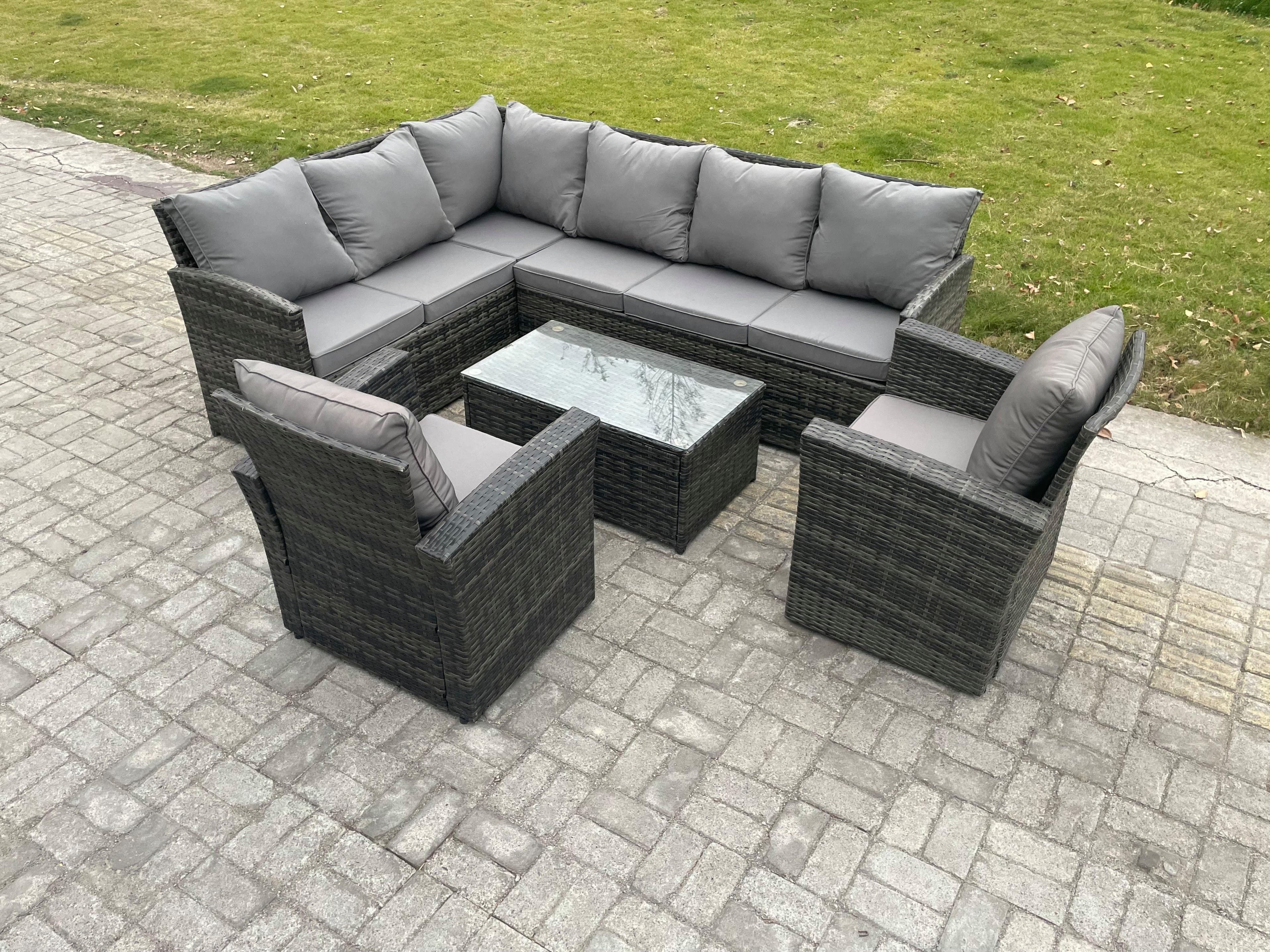 Rattan Lounge Corner Sofa Set Wicker PE Outdoor Garden Furniture Set Rectangular Coffee Table 2 Armchairs