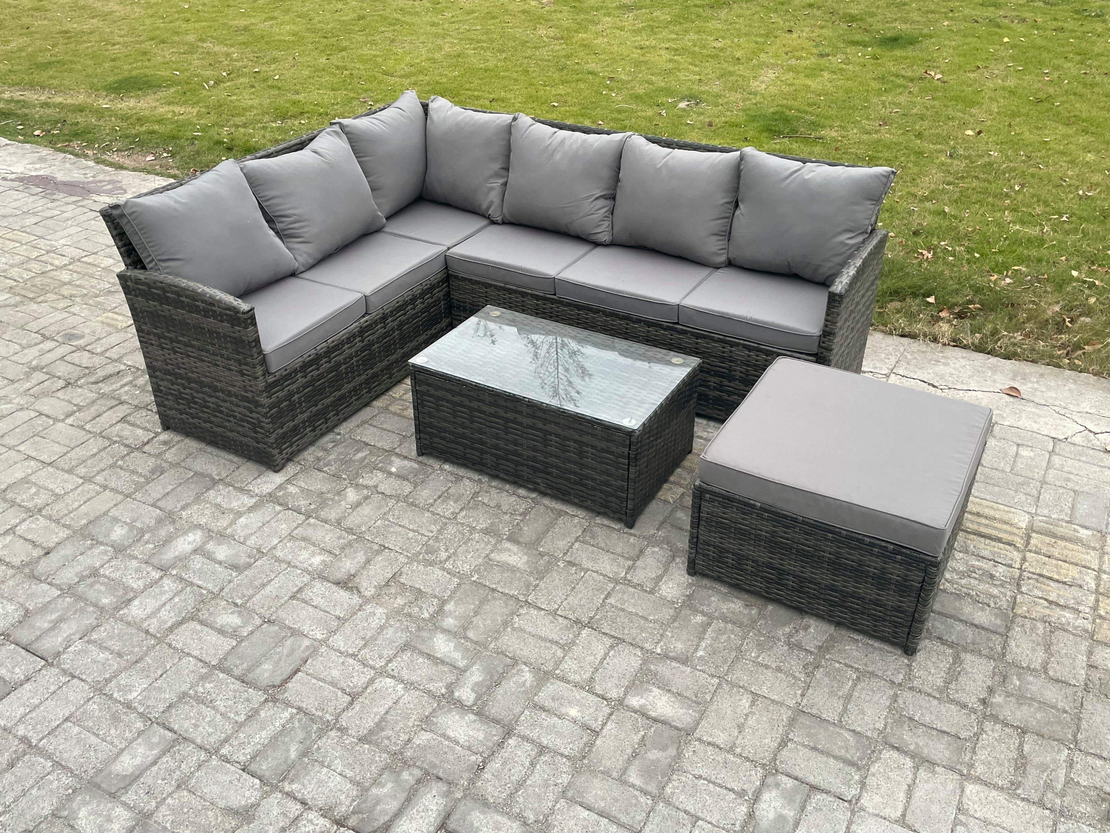7 Seater Rattan Lounge Corner Sofa Set Wicker PE Outdoor Garden Furniture Set Coffee Table Big Footstool