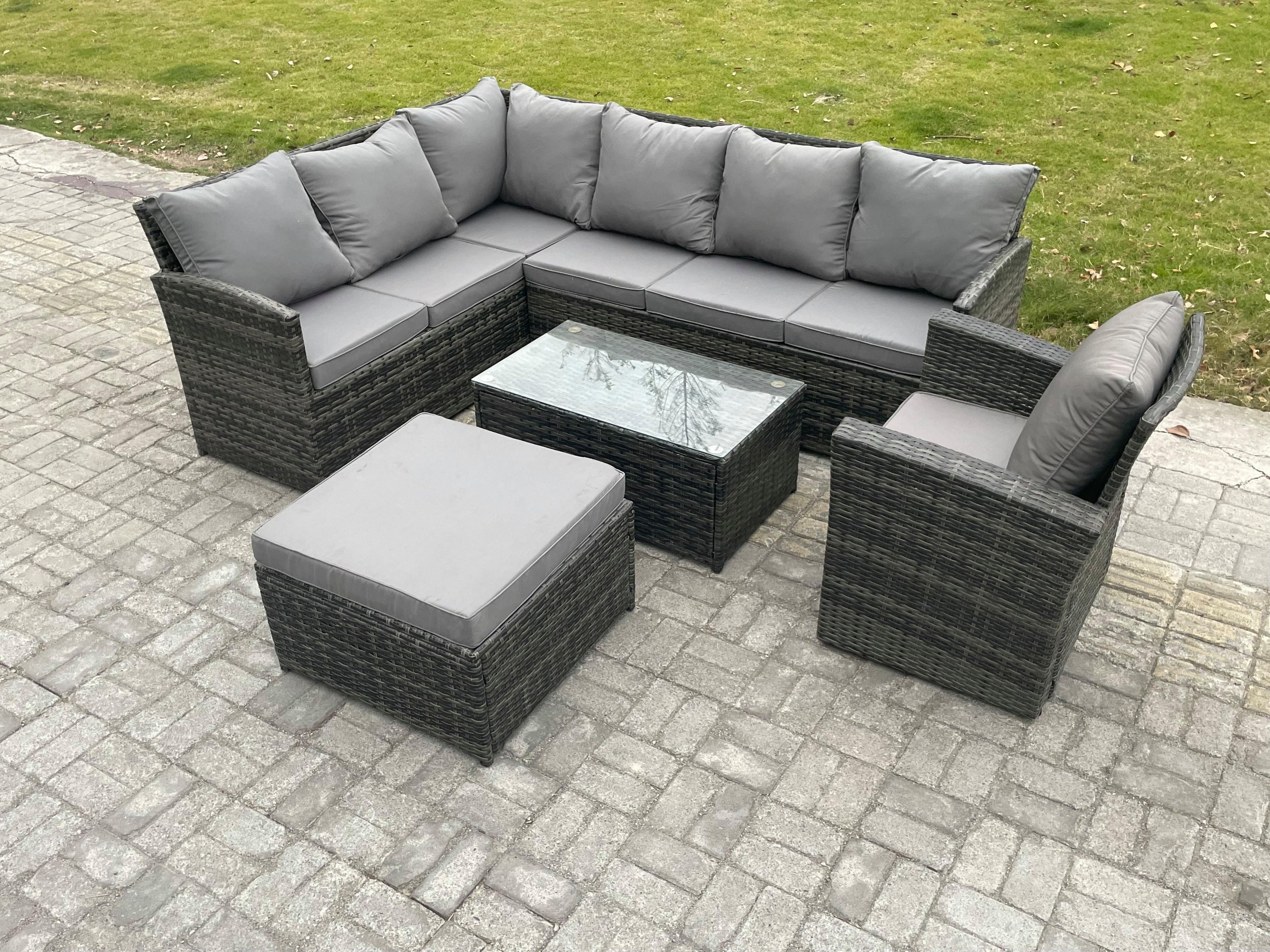 8 Seater Rattan Lounge Corner Sofa Set Wicker PE Outdoor Garden Furniture Set Coffee Table Big Footstool Armchair