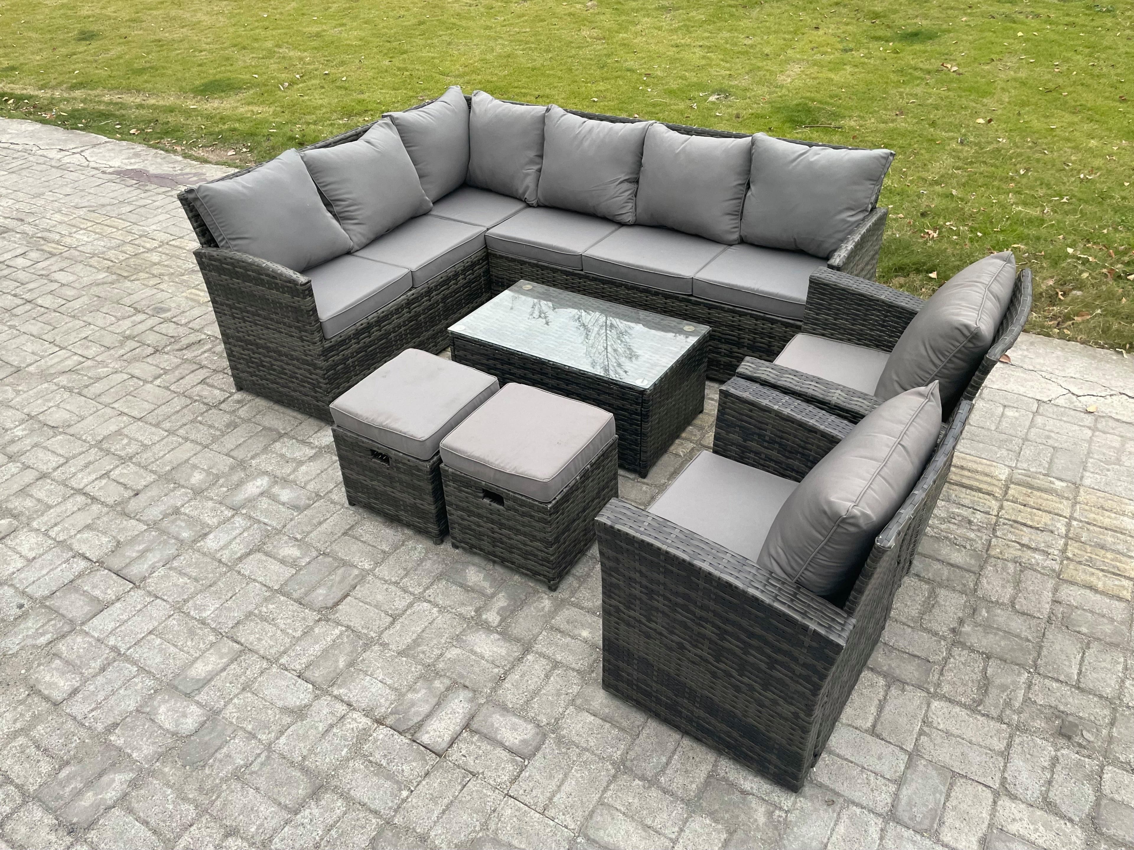 10 Seater Rattan Lounge Corner Sofa Set Wicker PE Outdoor Garden Furniture Set Coffee Table 2 Small Footstools