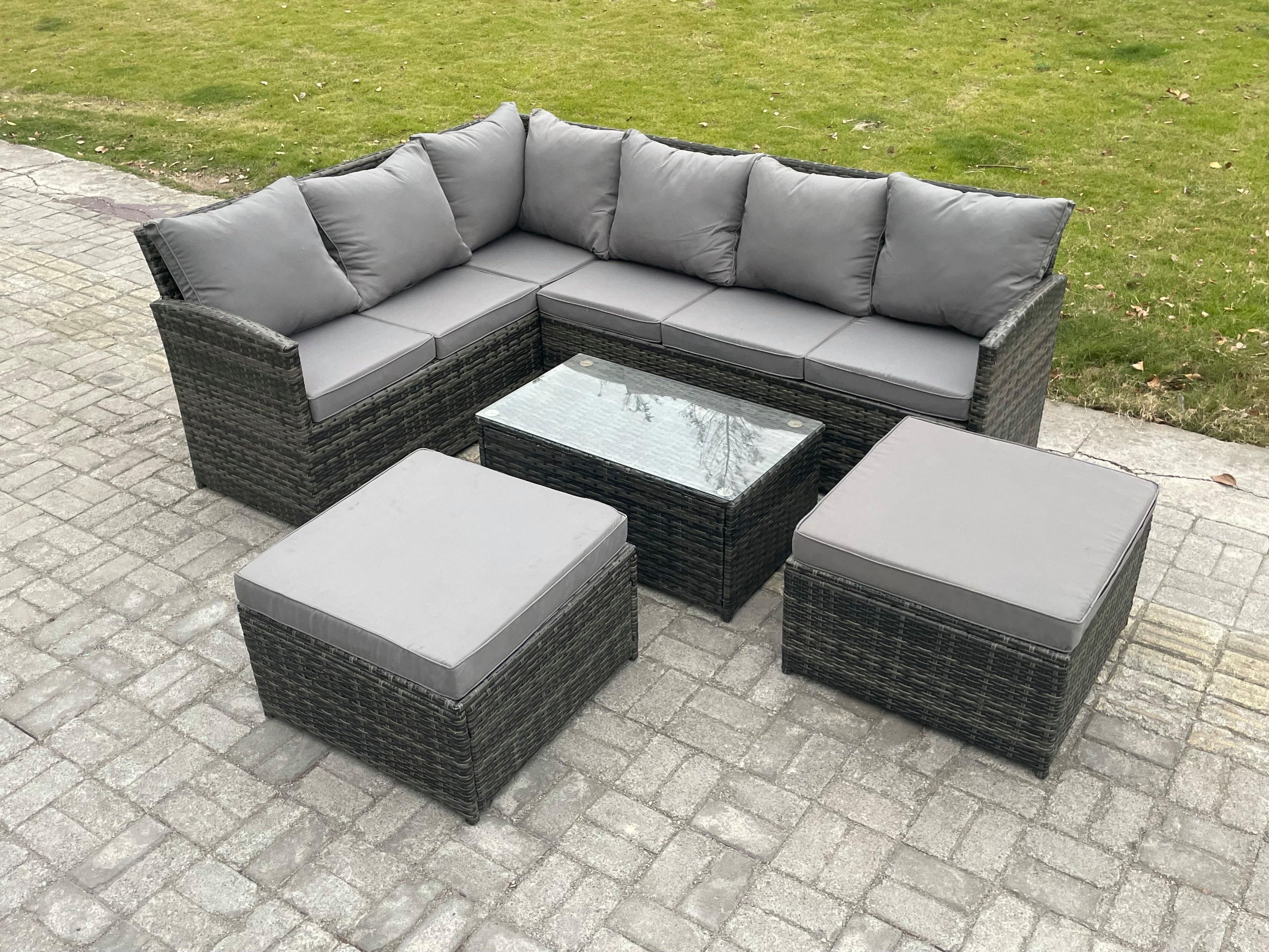 8 Seater Rattan Lounge Corner Sofa Set Wicker PE Outdoor Garden Furniture Set Coffee Table 2 Big Fotstools