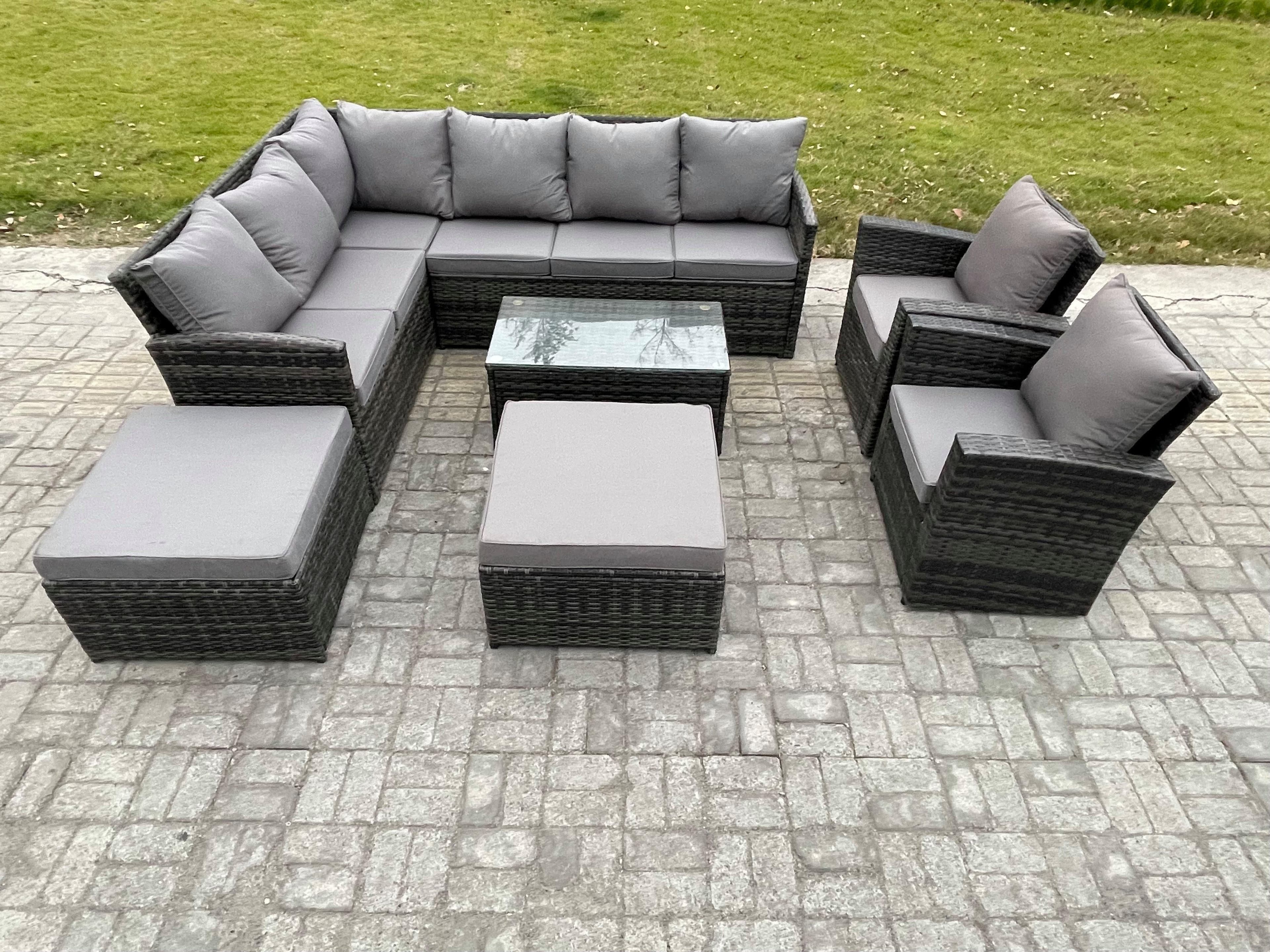 10 Seater Rattan Lounge Corner Sofa Set Wicker PE Outdoor Garden Furniture Set Coffee Table 2 Big Footstool 2 Armchair